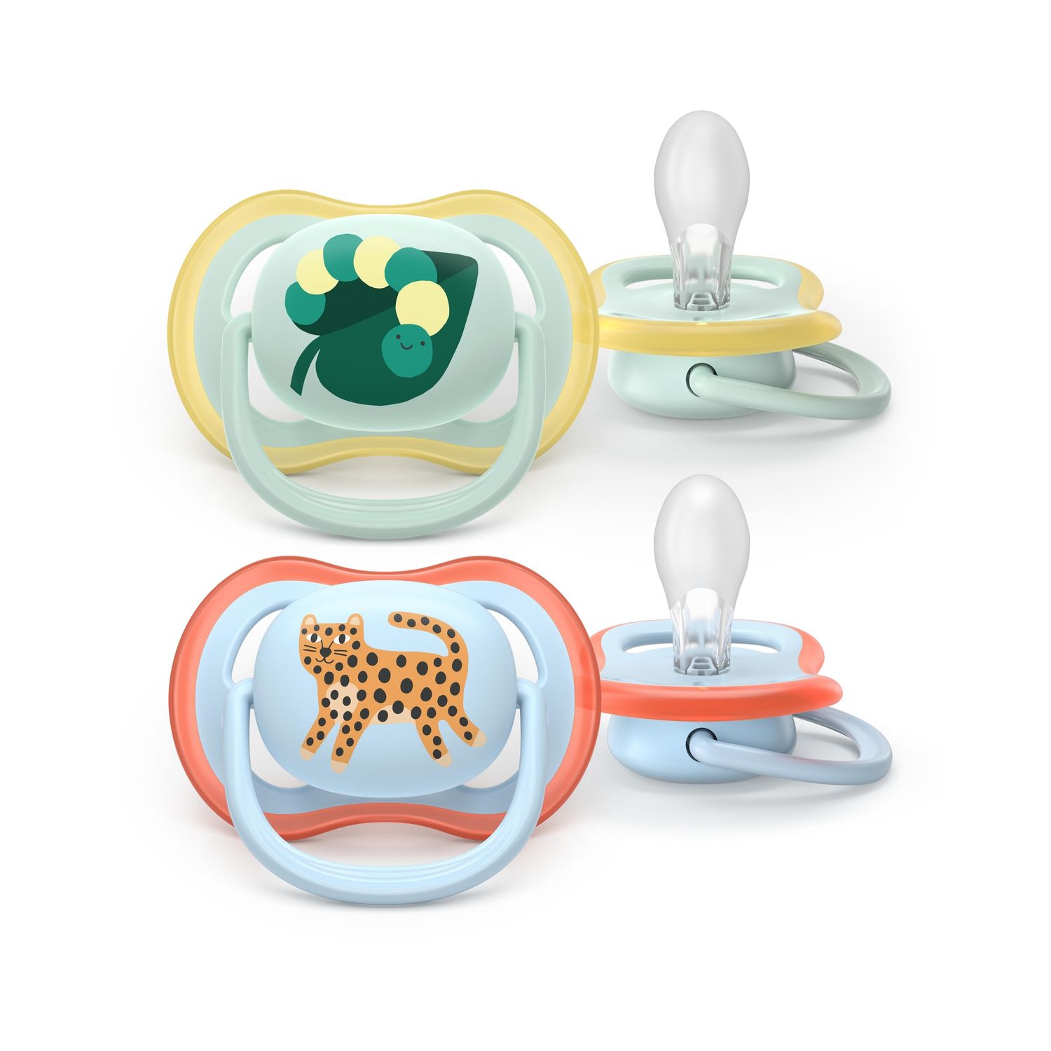 Succhietti ultra air 0-6m foglia e leopardo, a base vegetale - set da 2 ciucci - philips avent - Avent