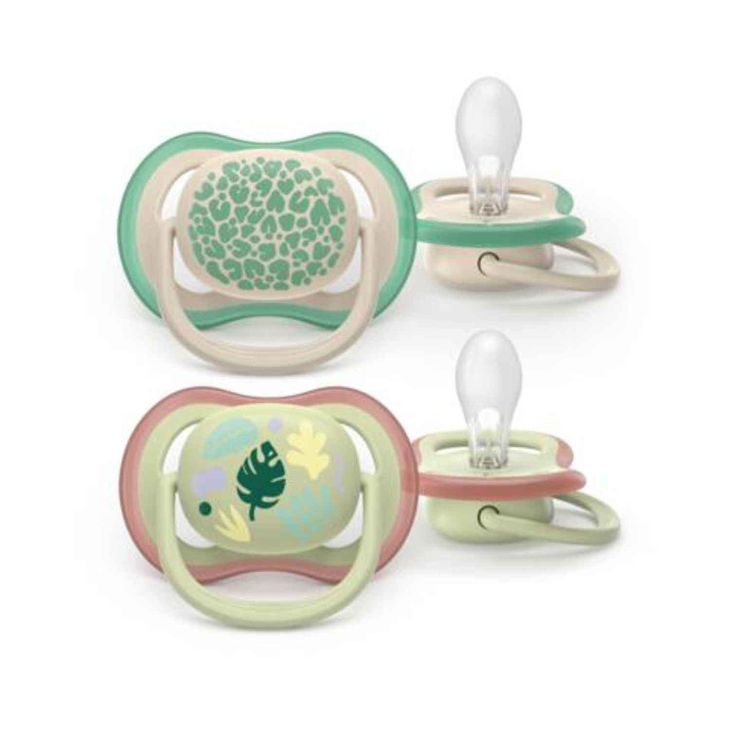 Succhietti ultra air 6-18m   pastello verde e marrone con foglie, a base vegetale - set da 2 ciucci - philips avent - Avent