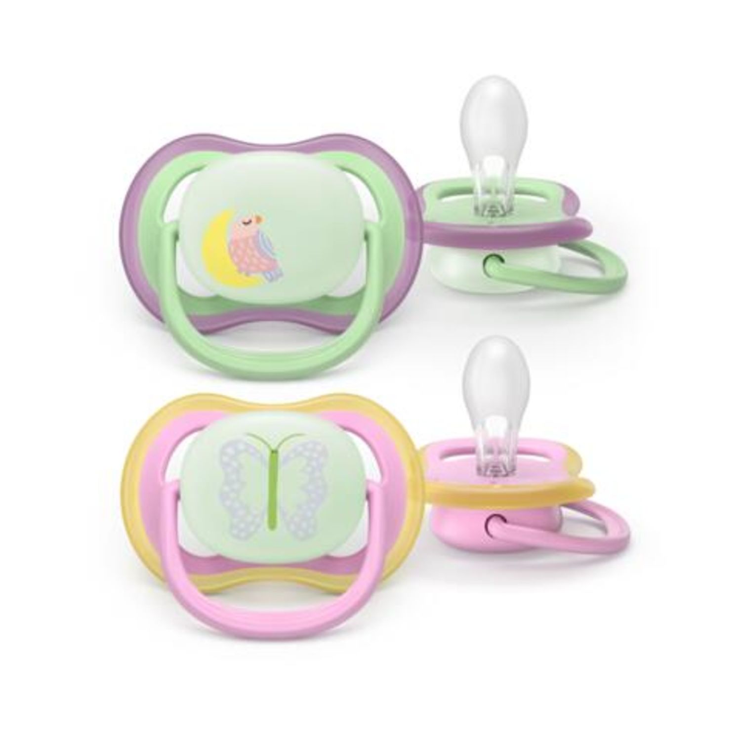 Succhietti ultra air night 6-18m uccellino e farfalla, a base vegetale - set da 2 ciucci - philips avent - Avent