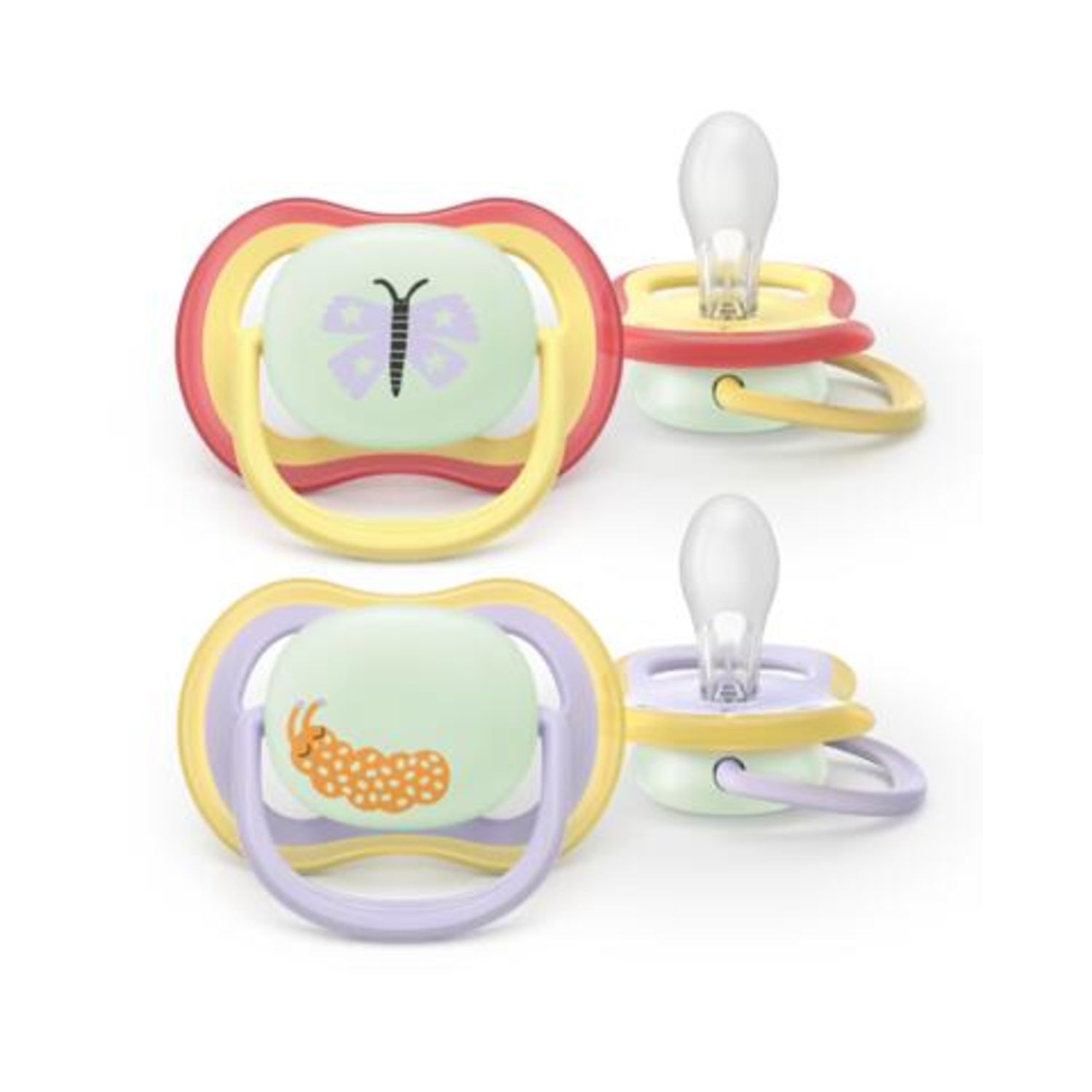 Succhietti ultra air night 0-6m farfalla e bruco, a base vegetale - set da 2 ciucci - philips avent - Avent