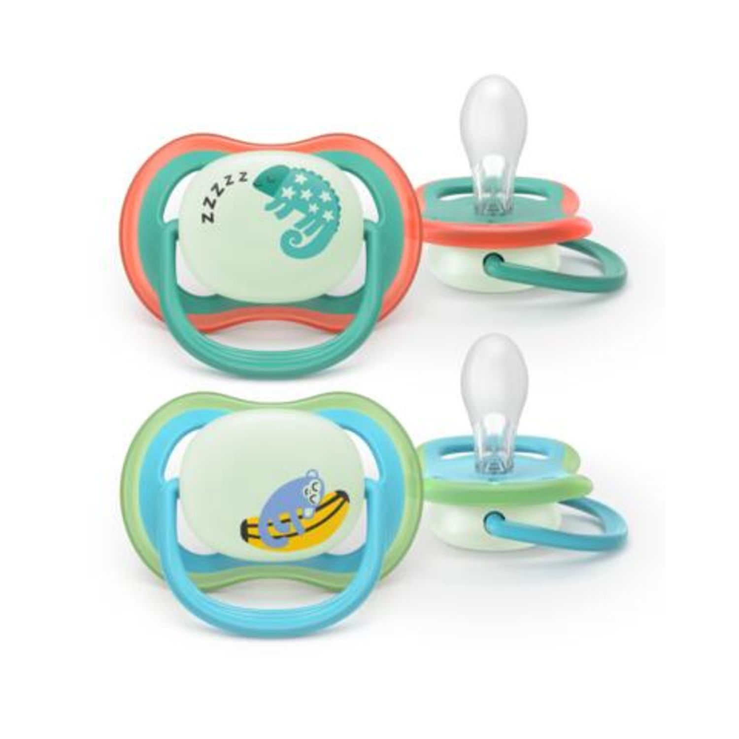 Succhietti ultra air night 6-18m camaleonte e scimmia, a base vegetale - set da 2 ciucci - philips avent - Avent