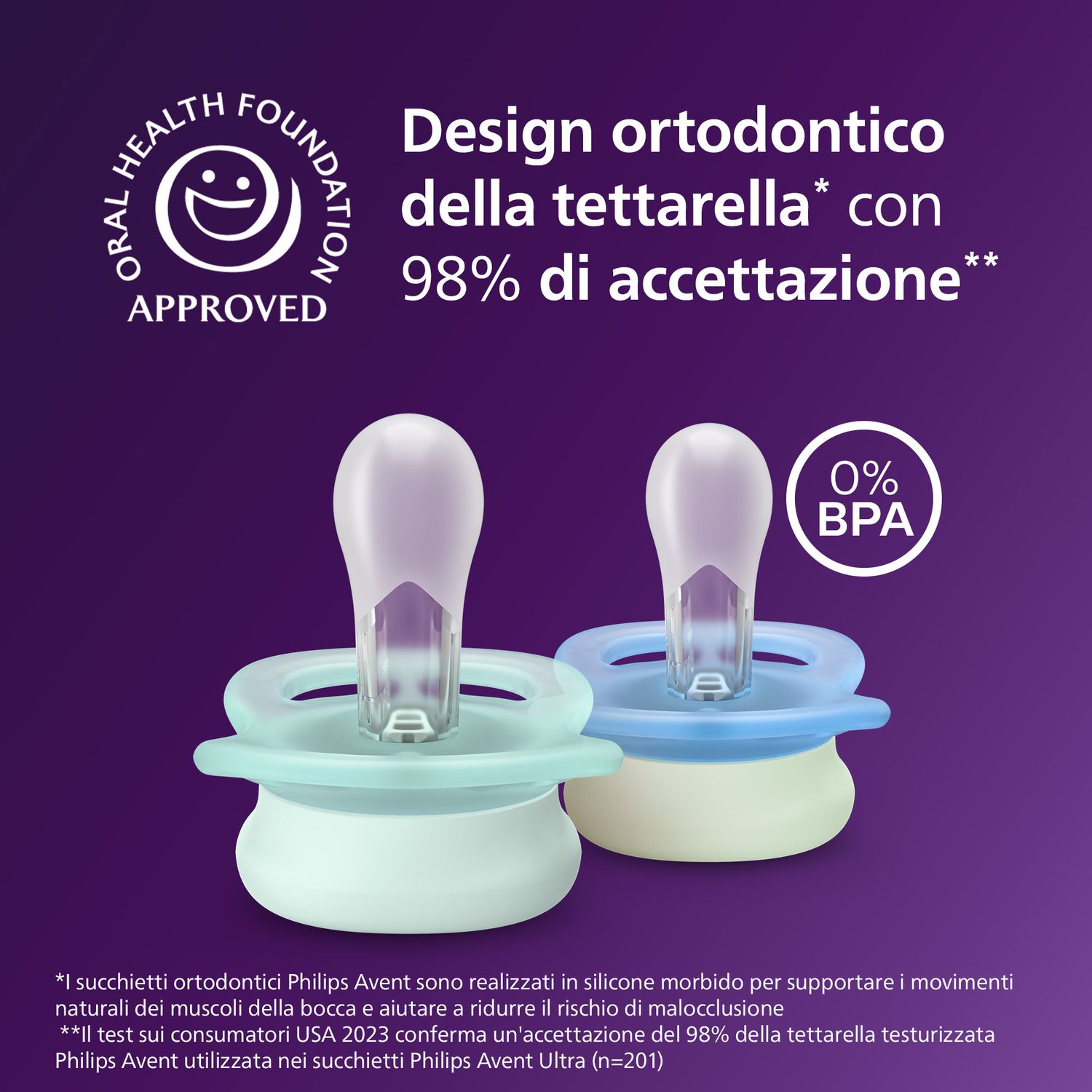 Succhietti ultra start 0-2m night pastello viola e arancione luna e stella, a base vegetale - set da 2 ciucci - philips avent - Avent