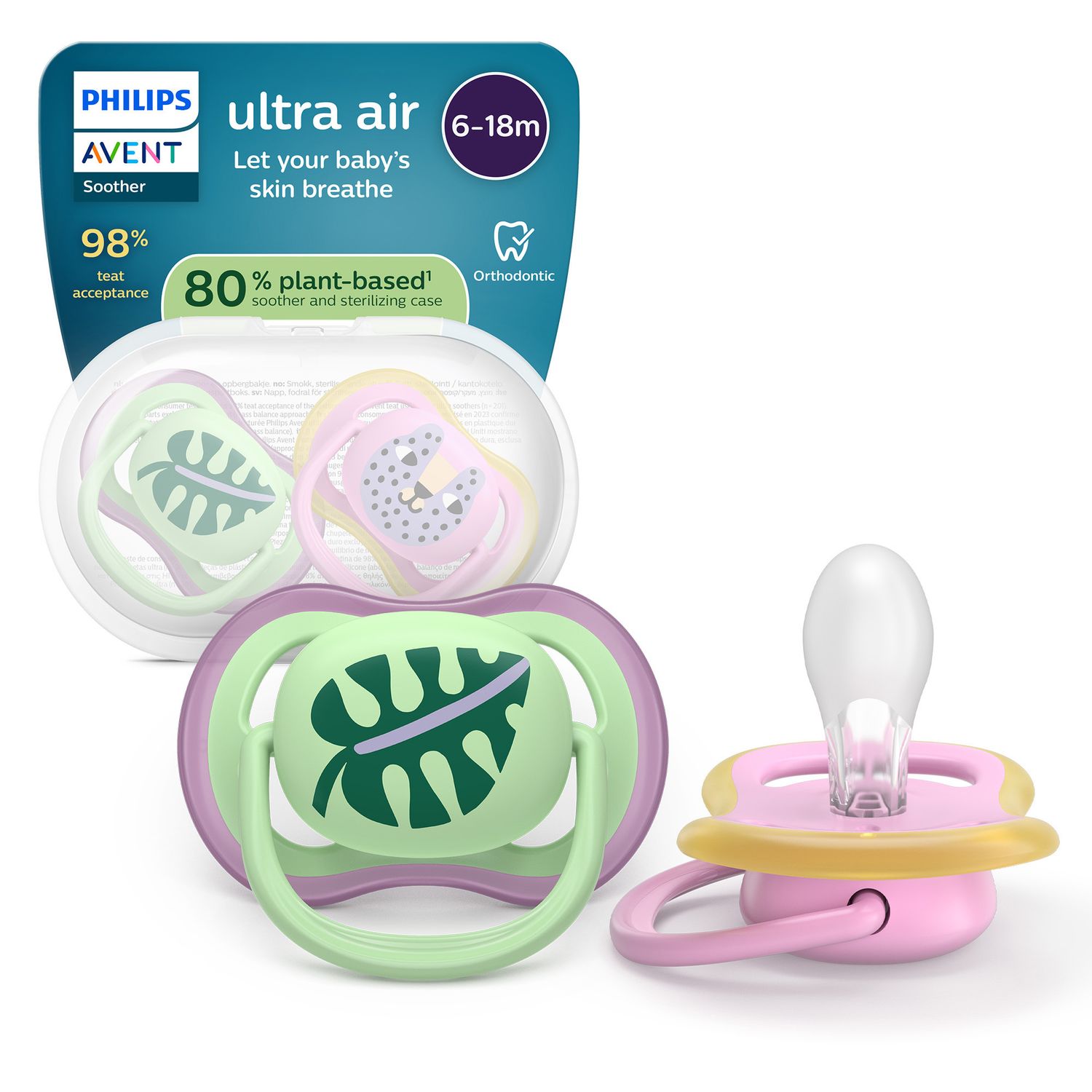 Succhietti ultra air 6-18m foglia e leopardo, a base vegetale - set da 2 ciucci - philips avent - Avent