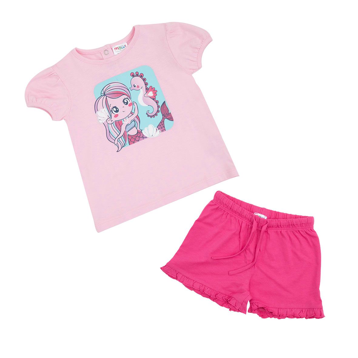 Completo t-shirt + short bimba rosa/fucsia stampa sirena - Mawi