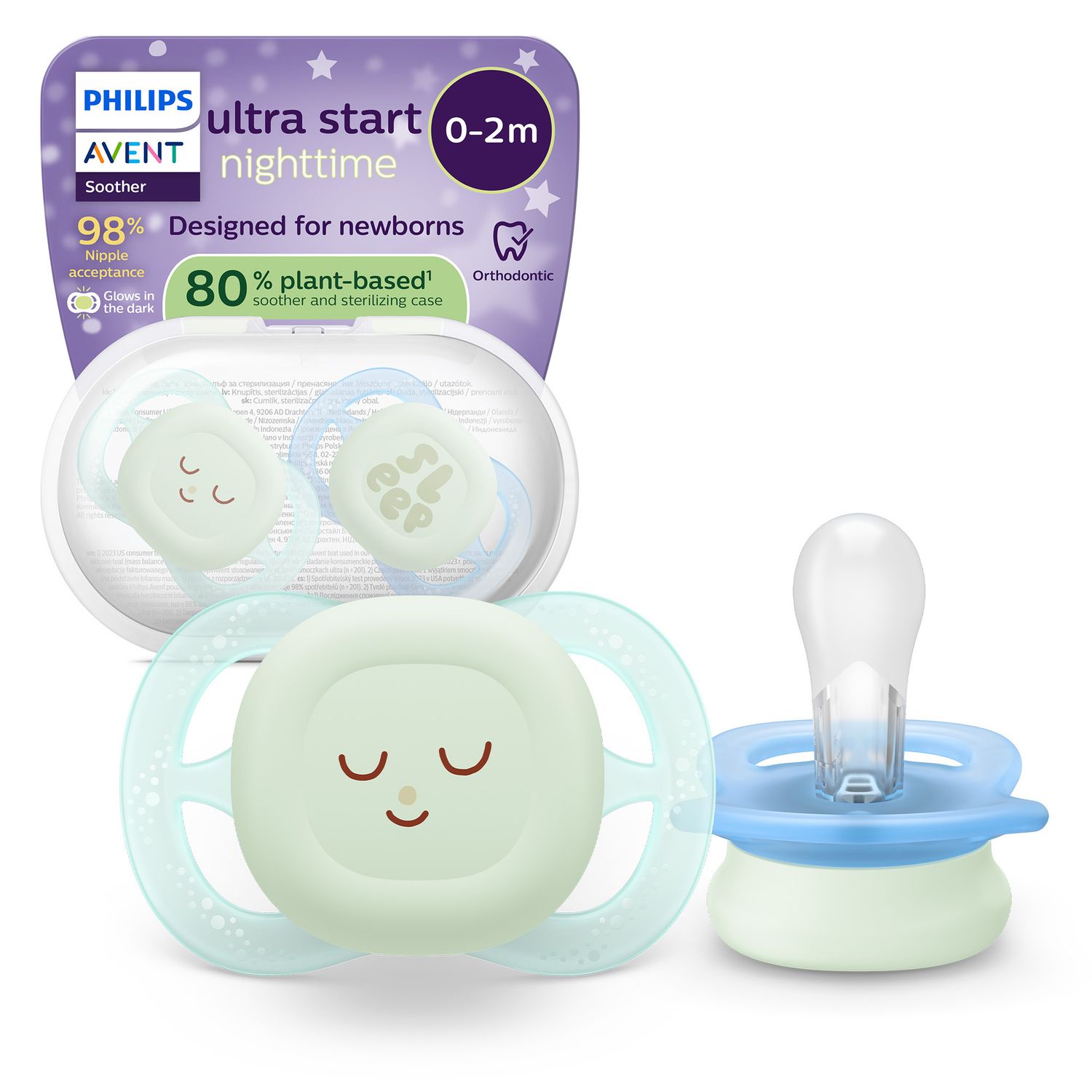 Succhietti ultra start 0-2m night pastello verde e blu smile e sleep, a base vegetale - set da 2 ciucci - philips avent - Avent