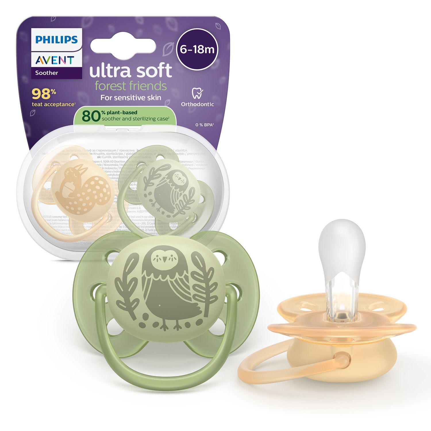 Succhietti ultra soft 6-18m pastello giallo e verde con decorazioni, a base vegetale - set da 2 ciucci - philips avent - Avent