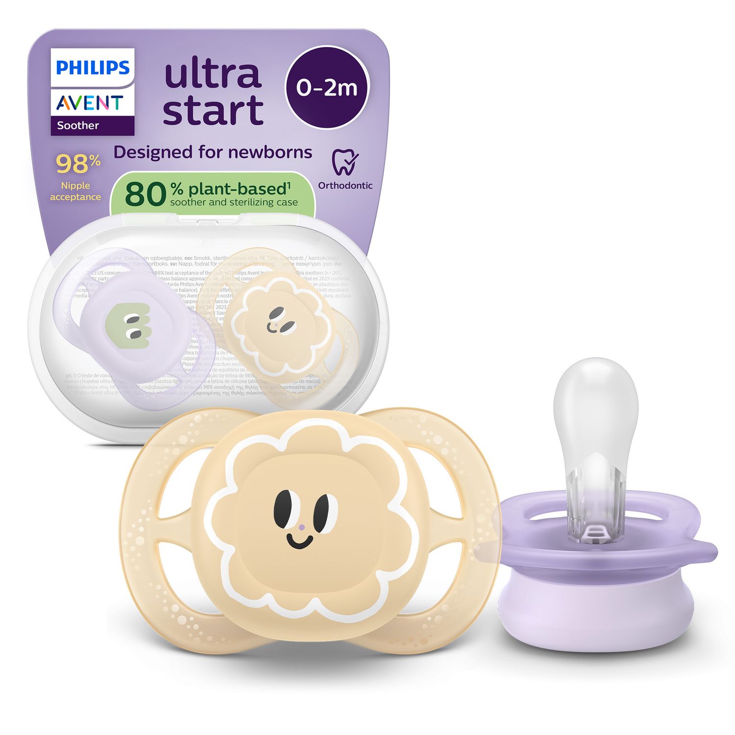 Succhietti ultra start 0-2m day pastello giallo e viola con decorazioni, a base vegetale - set da 2 ciucci - philips avent - Avent