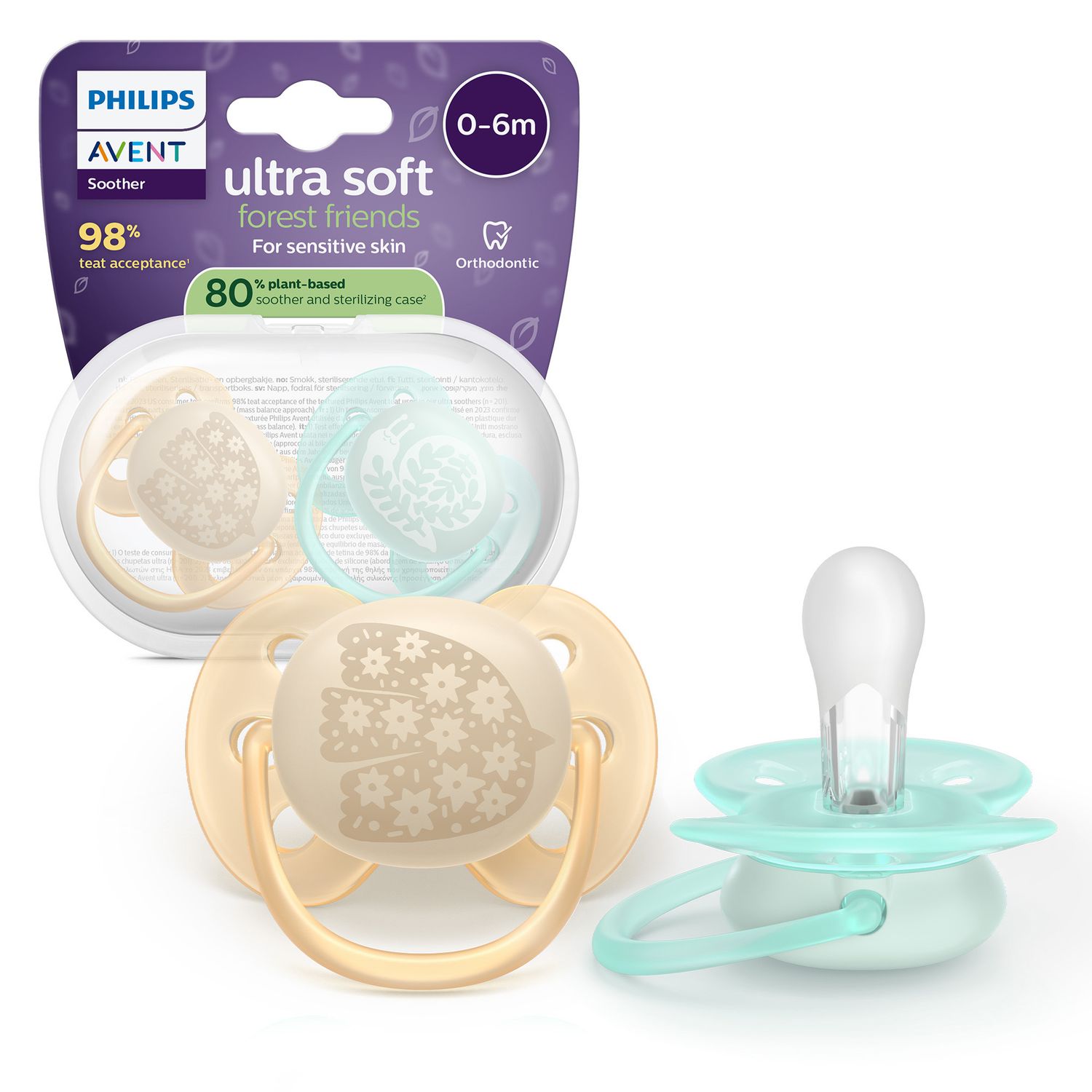 Succhietti ultra soft 0-6m pastello crema e azzurro con decorazioni, a base vegetale - set da 2 ciucci - philips avent - Avent