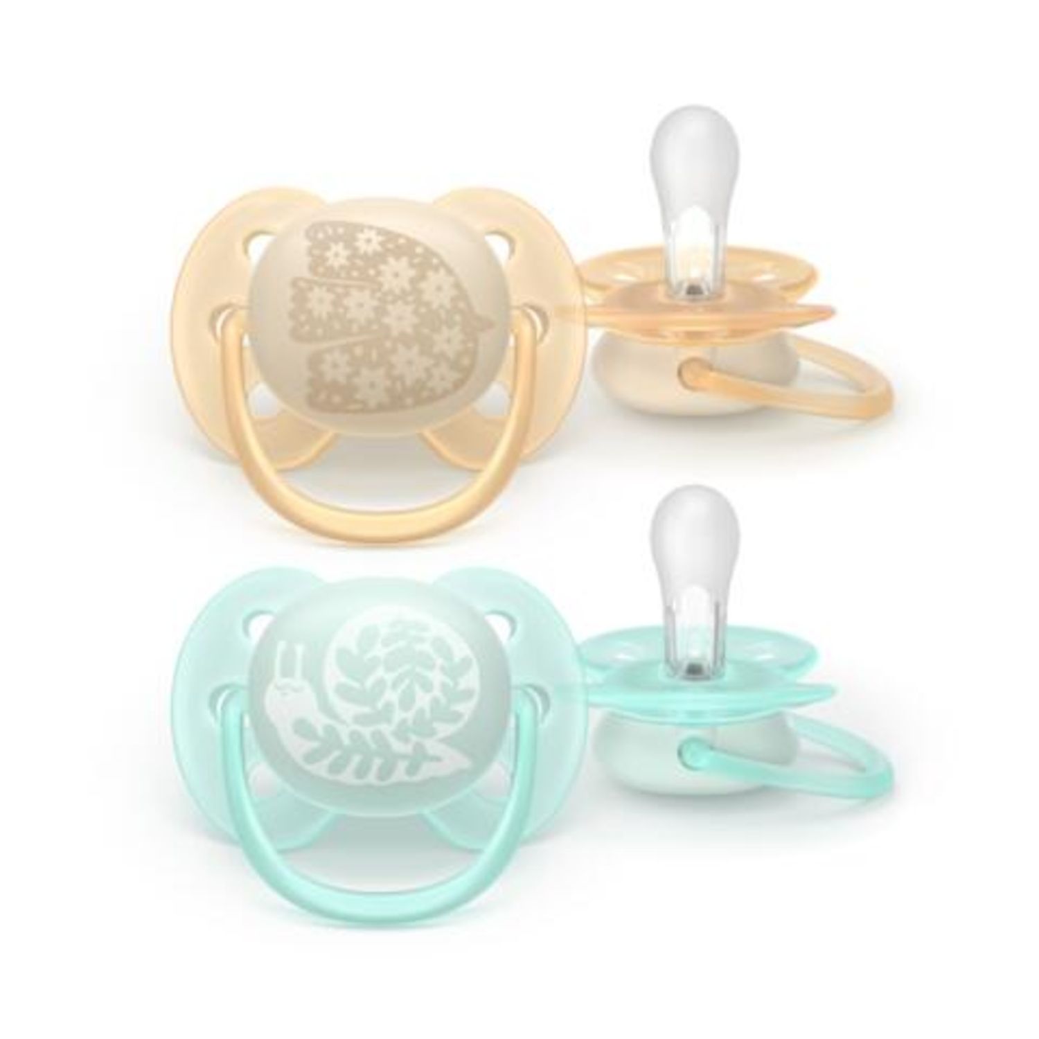 Succhietti ultra soft 0-6m pastello crema e azzurro con decorazioni, a base vegetale - set da 2 ciucci - philips avent - Avent