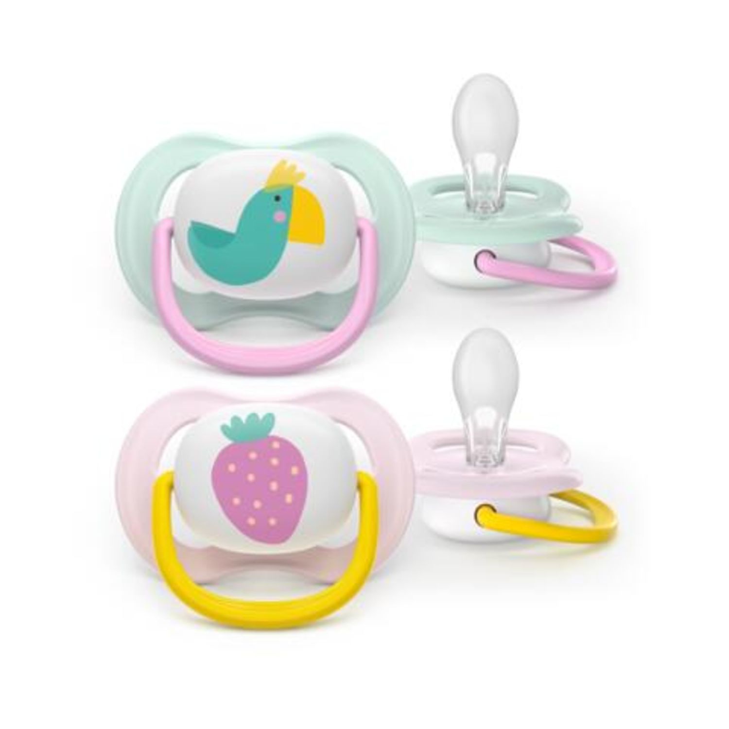 Succhietti ultra air collection 0-6m uccellino e fragola, a base vegetale - set da 2 ciucci - philips avent - Avent