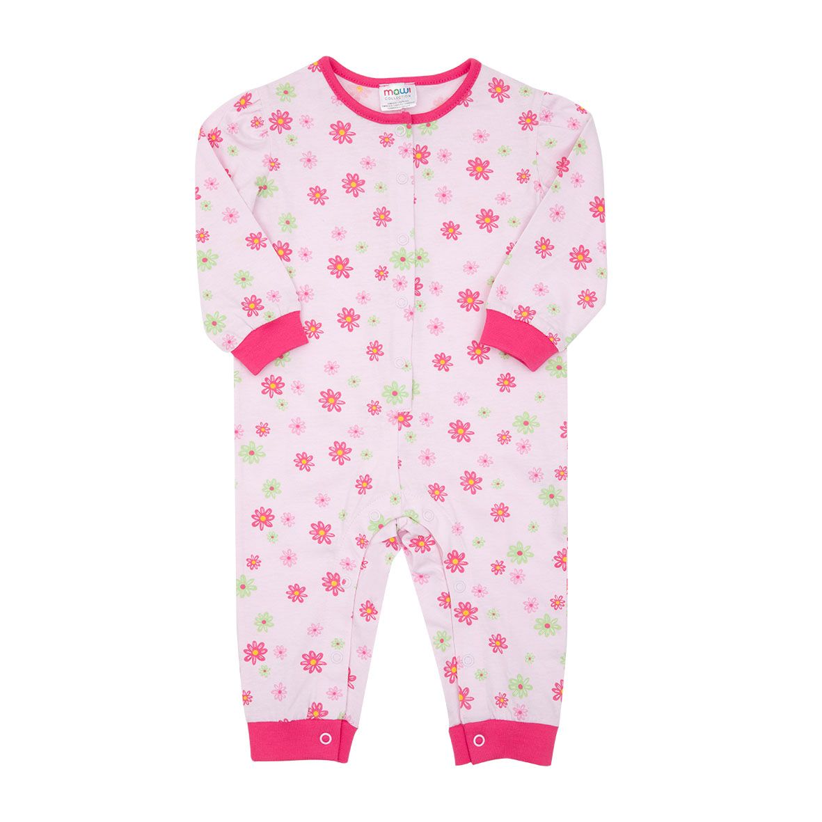 Pigiamone jersey lungo bimba rosa floreale apertura frontale - Mawi