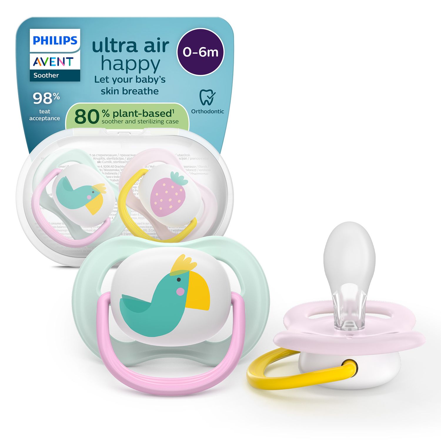 Succhietti ultra air collection 0-6m uccellino e fragola, a base vegetale - set da 2 ciucci - philips avent - Avent