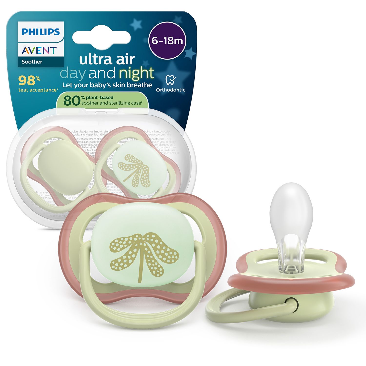 Succhietti ultra air day&night 6-18m pastello verde e foglia, a base vegetale - set da 2 ciucci - philips avent - Avent
