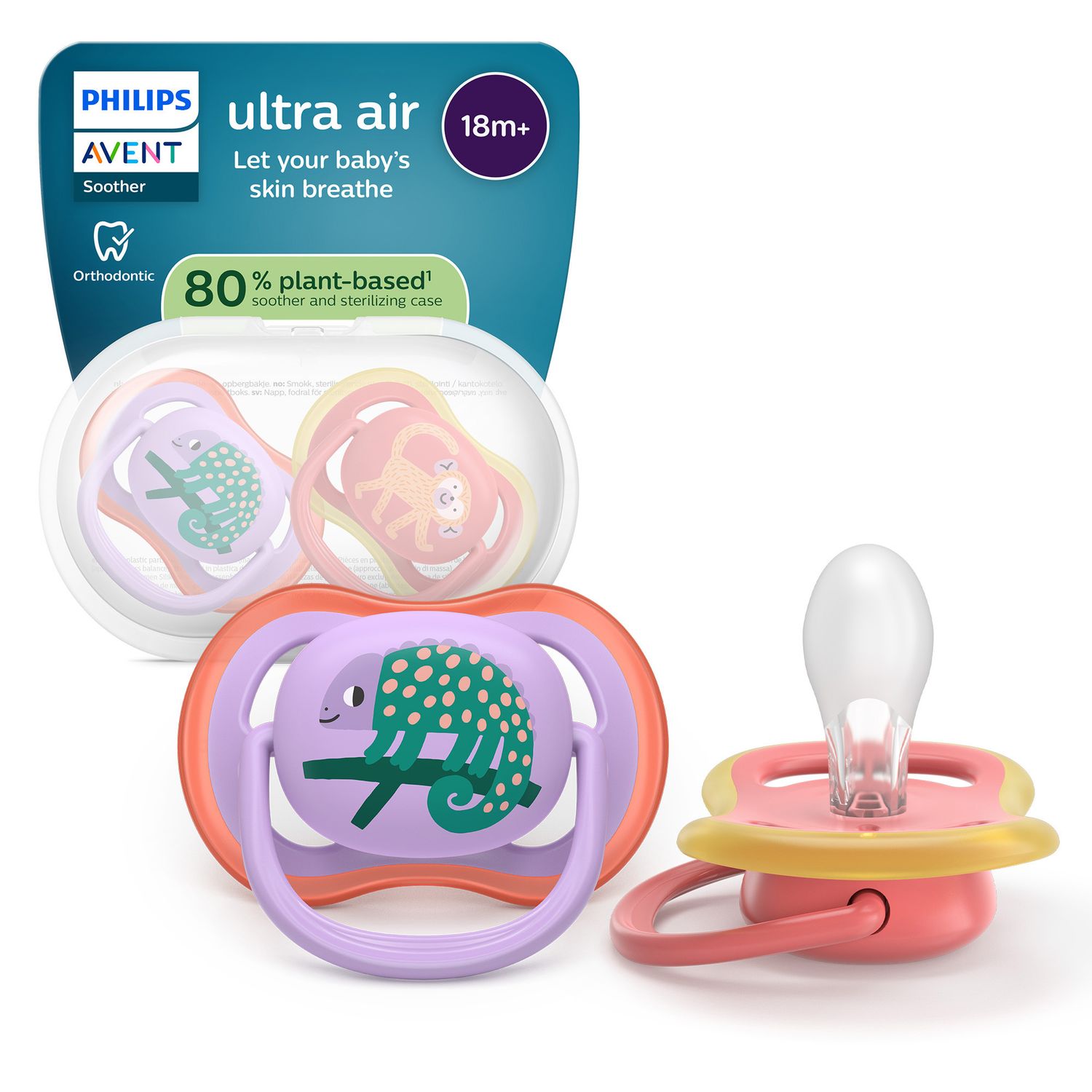 Succhietti ultra air 18m+ camaleonte e scimmia, a base vegetale - set da 2 ciucci - philips avent - Avent