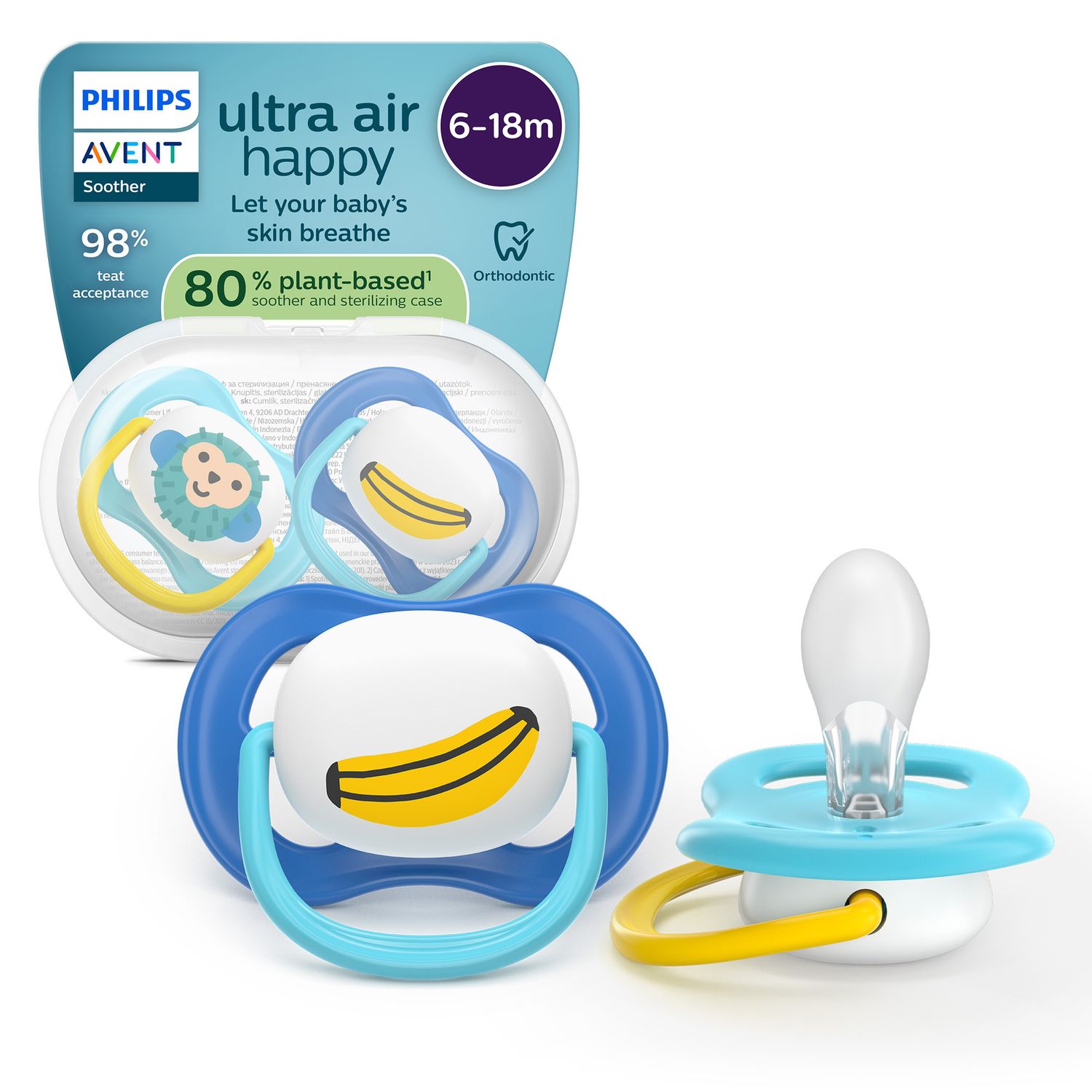 Succhietti ultra air collection 6-18m scimmia e banana, a base vegetale - set da 2 ciucci - philips avent - Avent