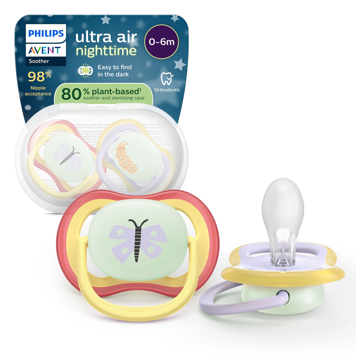 Succhietti ultra air night 0-6m farfalla e bruco, a base vegetale - set da 2 ciucci - philips avent - Avent
