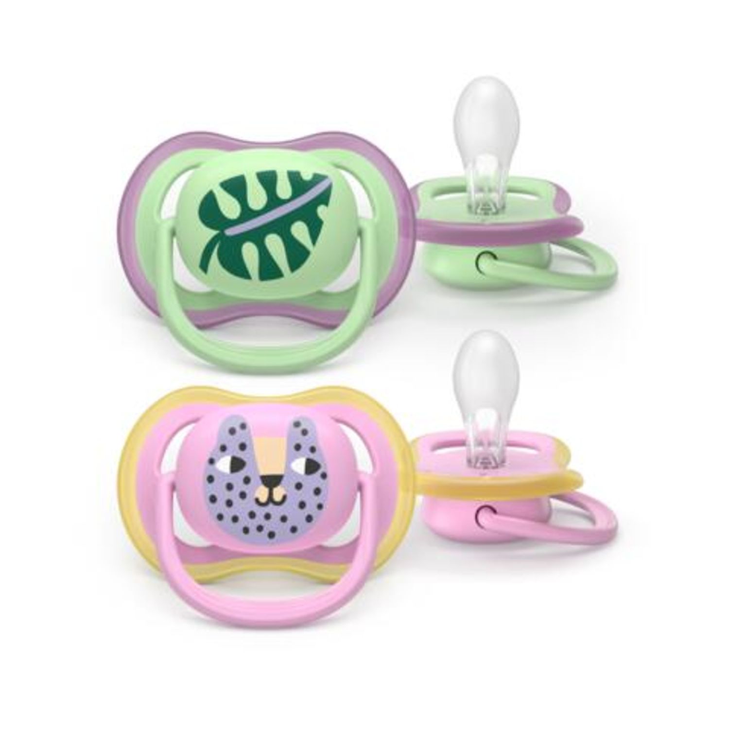 Succhietti ultra air 6-18m foglia e leopardo, a base vegetale - set da 2 ciucci - philips avent - Avent