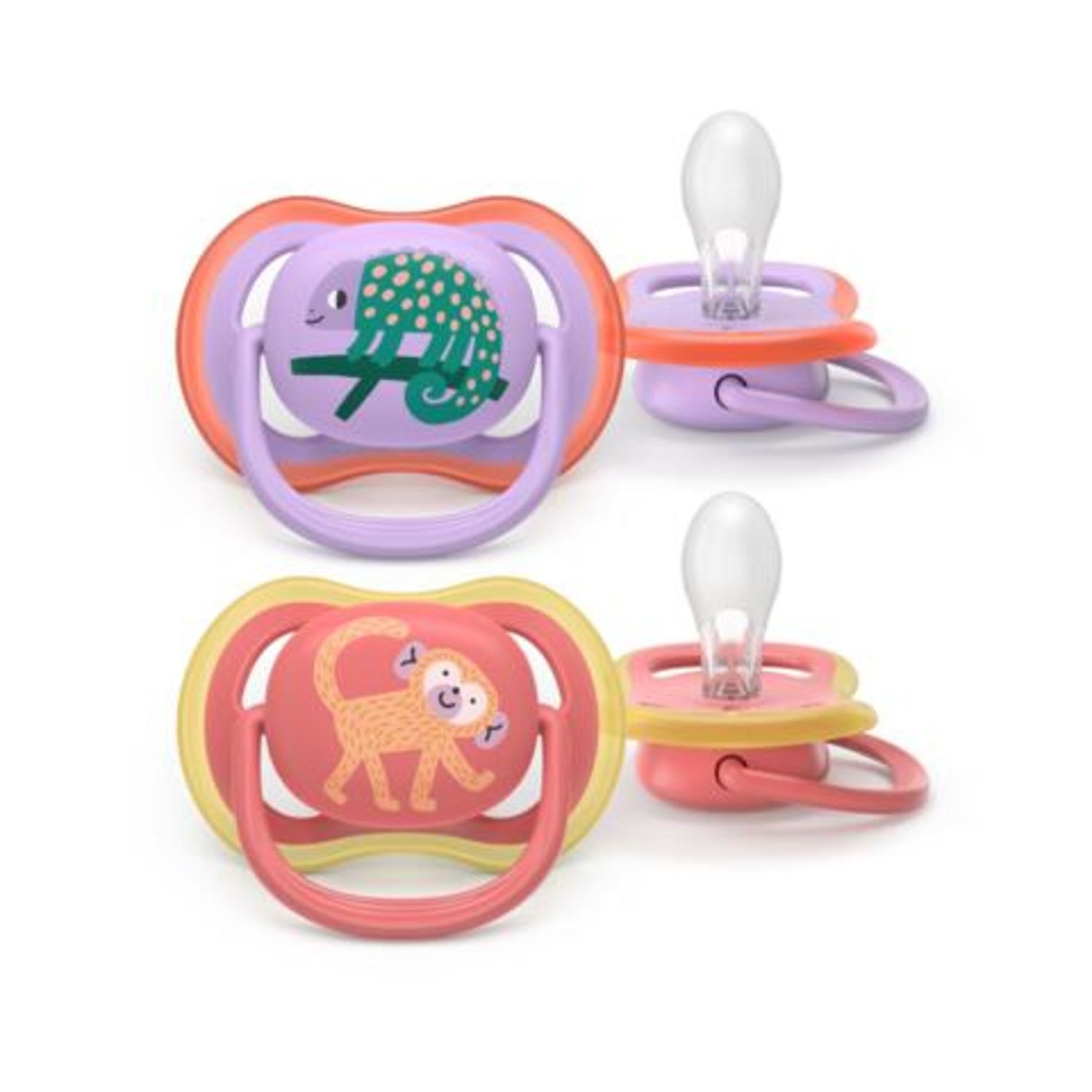 Succhietti ultra air 18m+ camaleonte e scimmia, a base vegetale - set da 2 ciucci - philips avent - Avent