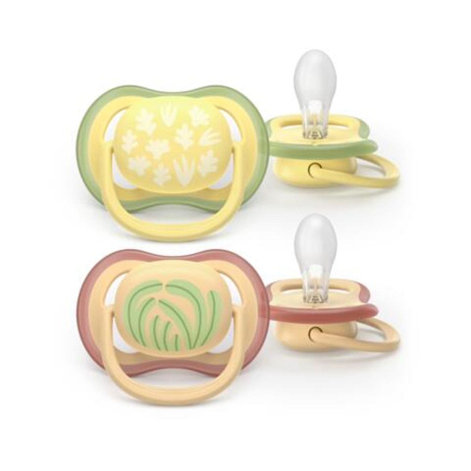 Succhietti ultra air 0-6m  pastello giallo e arancione con foglie, a base vegetale - set da 2 ciucci - philips avent - Avent