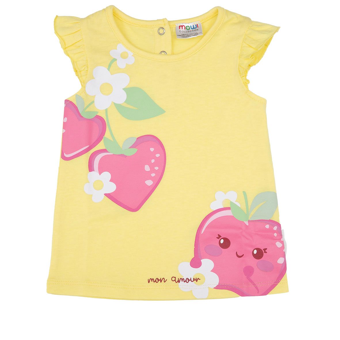 Canottiera jersey bimba gialla stampa "mon amour" con frill - Mawi