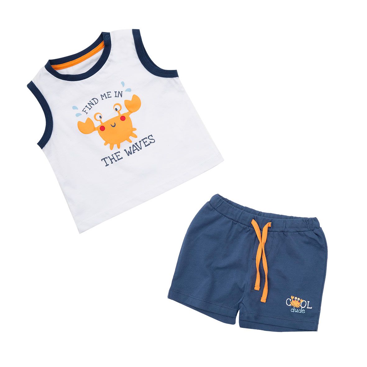 Set 2 pezzi t-shirt + short bianco/blu stampa granchietto - Mawi