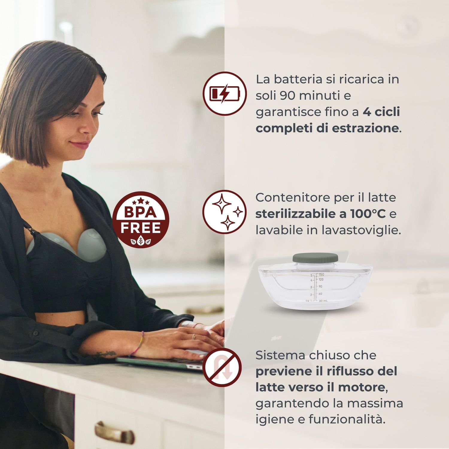 Tiralatte elettrico indossabile singolo materno flow a 3 fasi - 1264w - nuvita - Nuvita