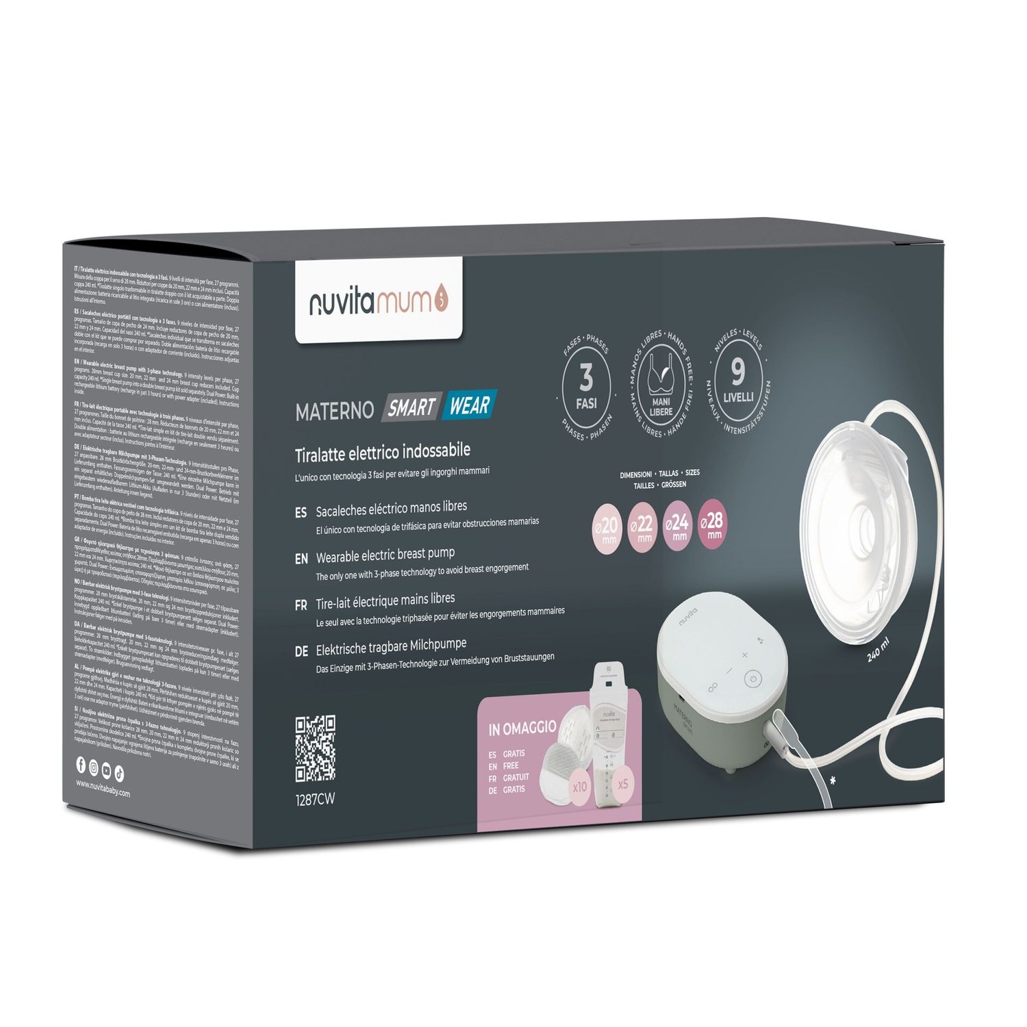 Tiralatte elettrico singolo a mani libere a 3 fasi materno smart wear - 1287cw - nuvita - Nuvita