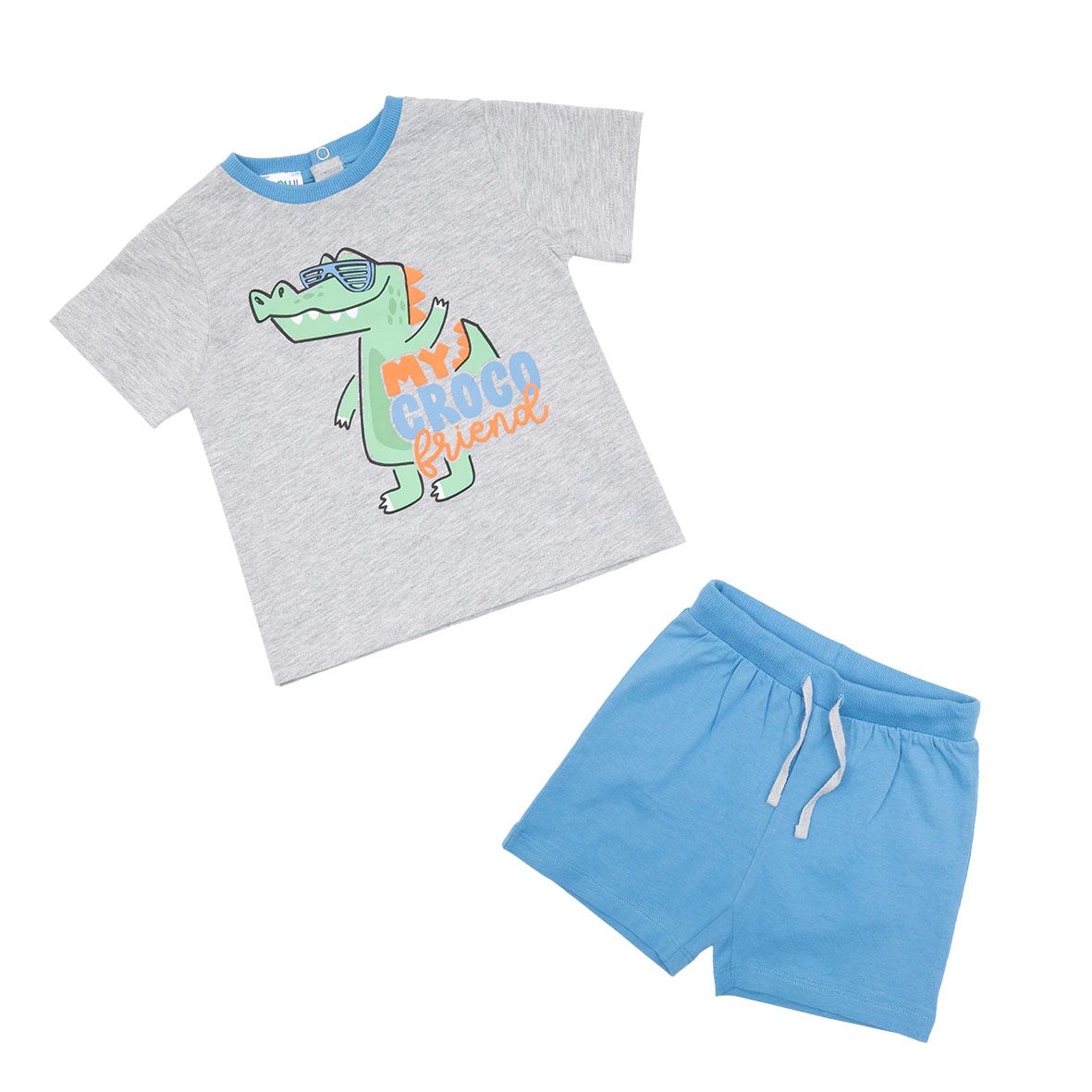 Set t-shirt + short jersey bimbo grigio/azzurro "my croco" - Mawi