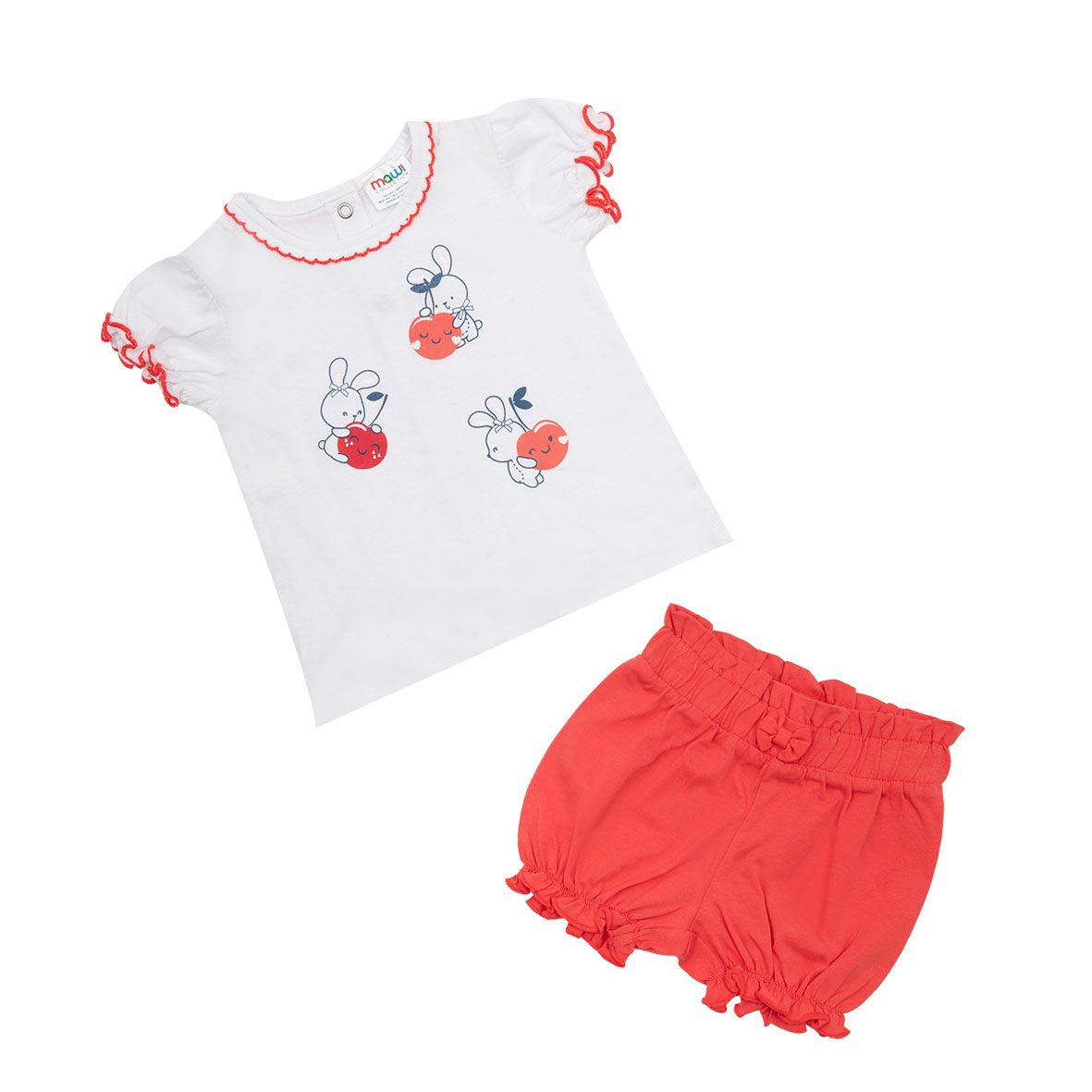 Set 2 pezzi t-shirt + short bianco/rosso stampa coniglietti - Mawi