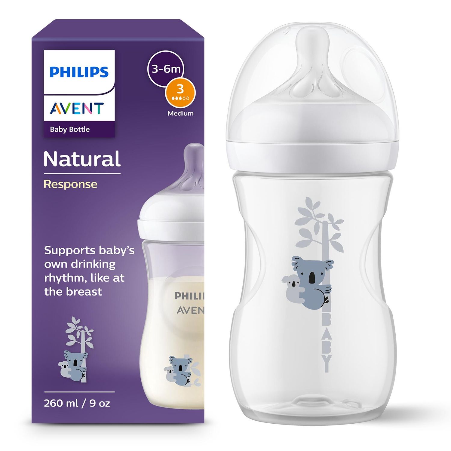 Biberon natural con tettarella a risposta naturale decorazione koala da 260ml 3-6m flusso 3 | senza bpa – philips avent - Avent