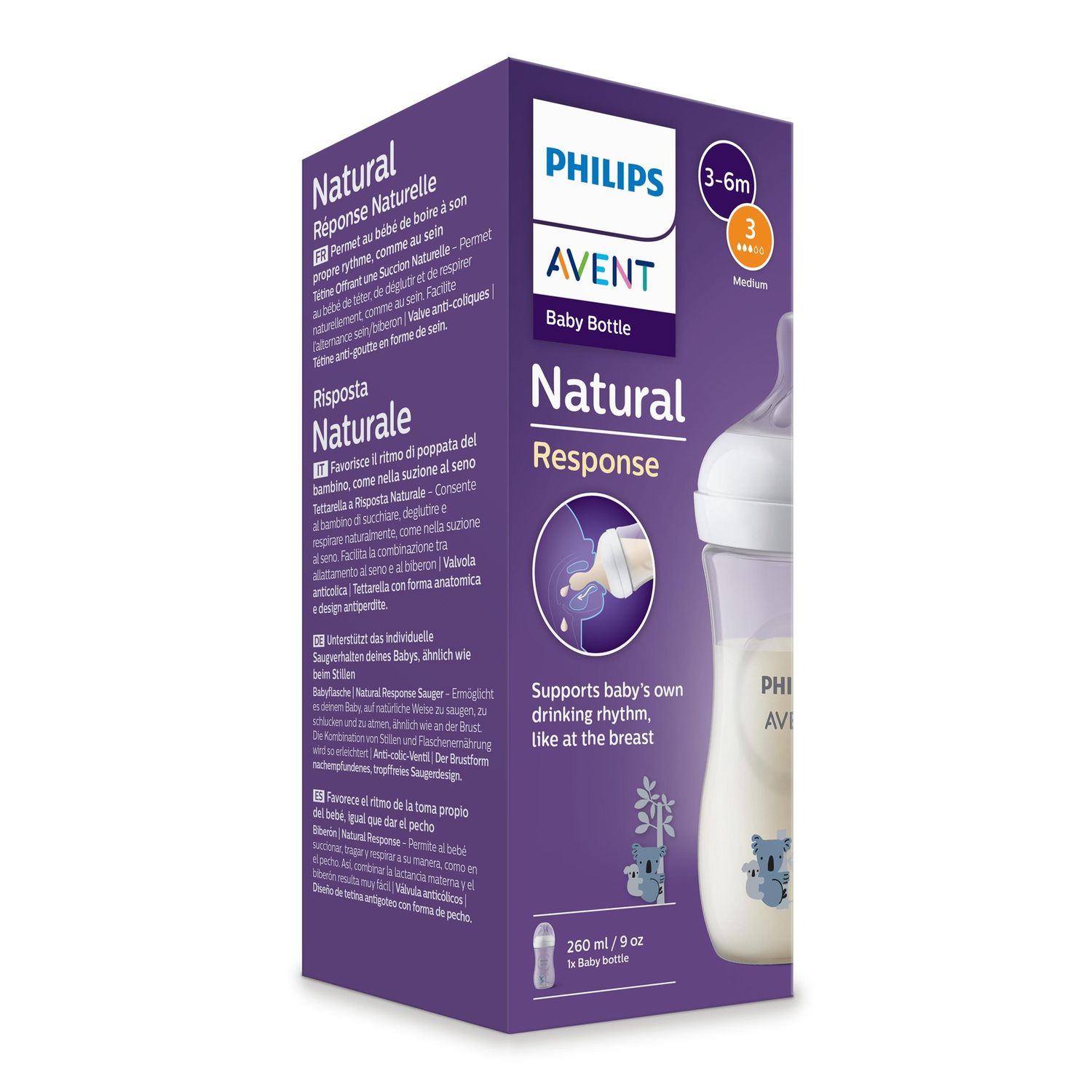 Biberon natural con tettarella a risposta naturale decorazione koala da 260ml 3-6m flusso 3 | senza bpa – philips avent - Avent