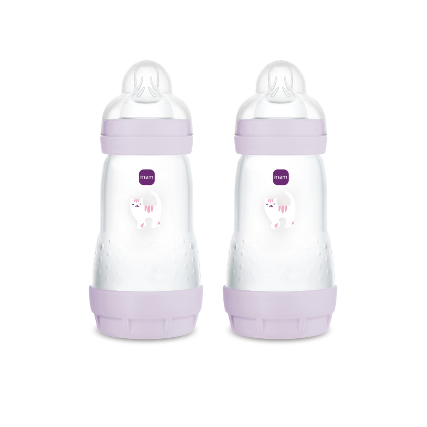 Mam biberon easy start 260 ml (set da 2), kit da 2 biberon anticolica per allattamento misto, lilla, 2+ mesi - Mam