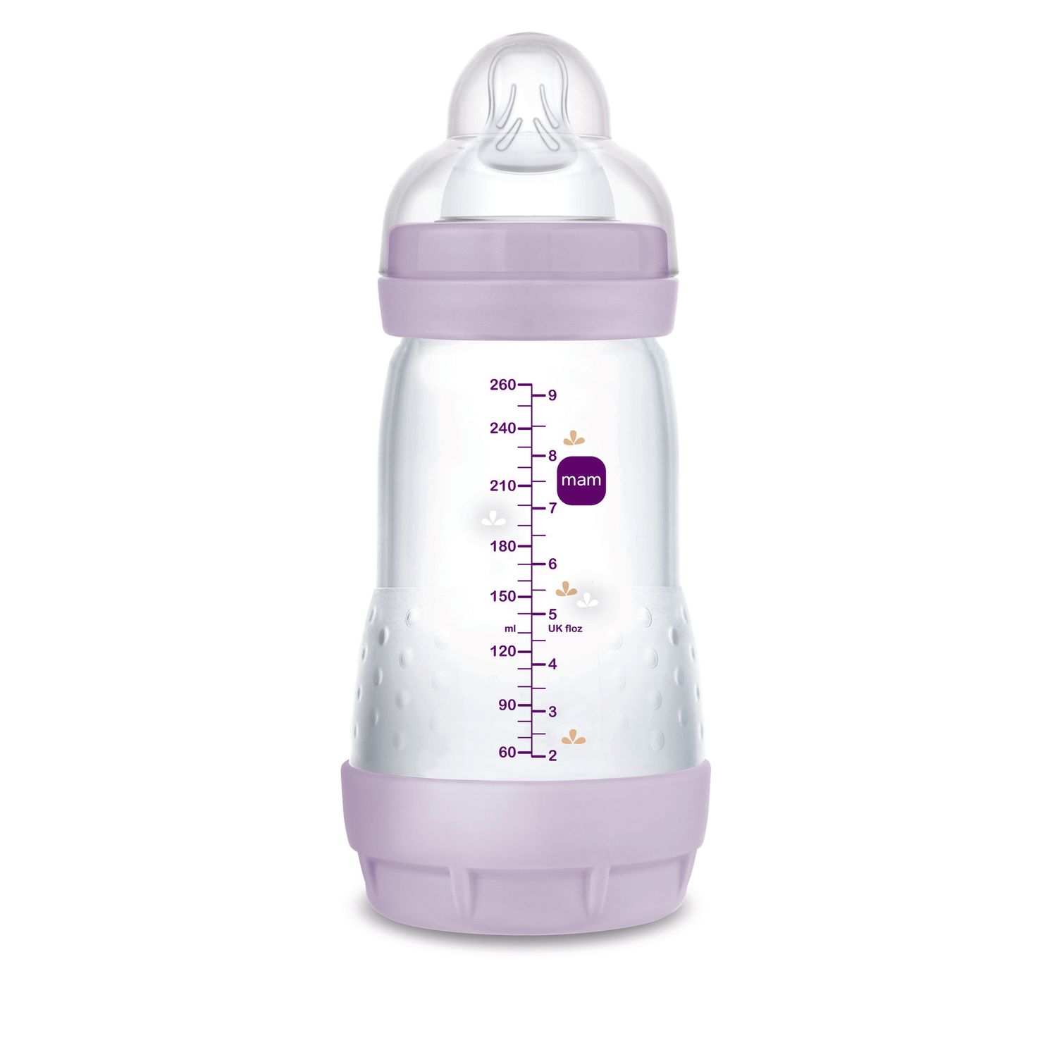 Mam biberon easy start 260 ml (set da 2), kit da 2 biberon anticolica per allattamento misto, lilla, 2+ mesi - Mam