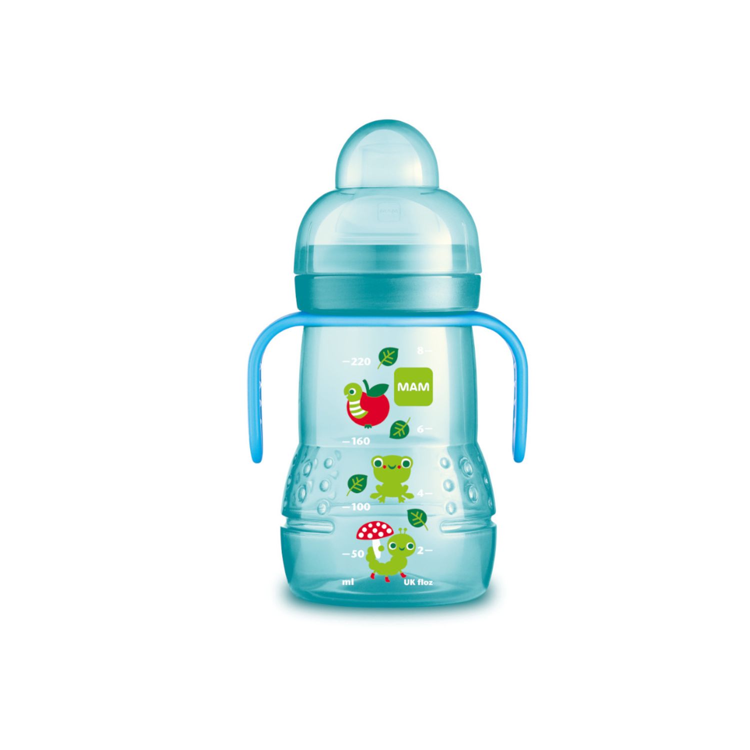 Mam trainer 220 ml, biberon acqua e latte per neonati 4+ mesi con tettarella antigoccia in silicone, azzurro - Mam