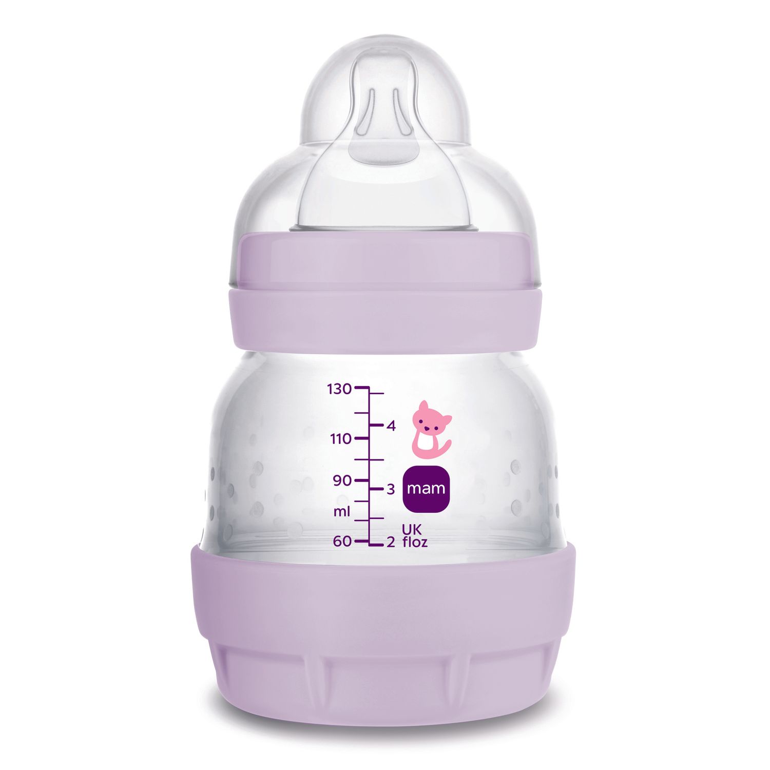 Mam biberon easy start 130 ml, biberon anticolica per allattamento misto che riduce le bolle d'aria e il rischio di coliche, lilla - Mam