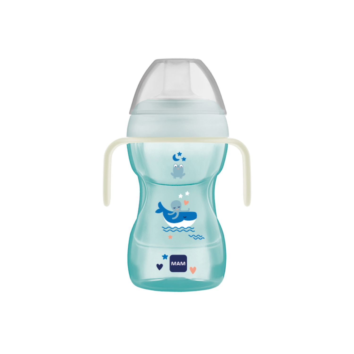 Mam fun to drink cup night tazza bambini 270 ml,manici che si illuminano al buio, beccuccio extra-morbido anti-goccia e valvola flusso libero, azzurro - Mam