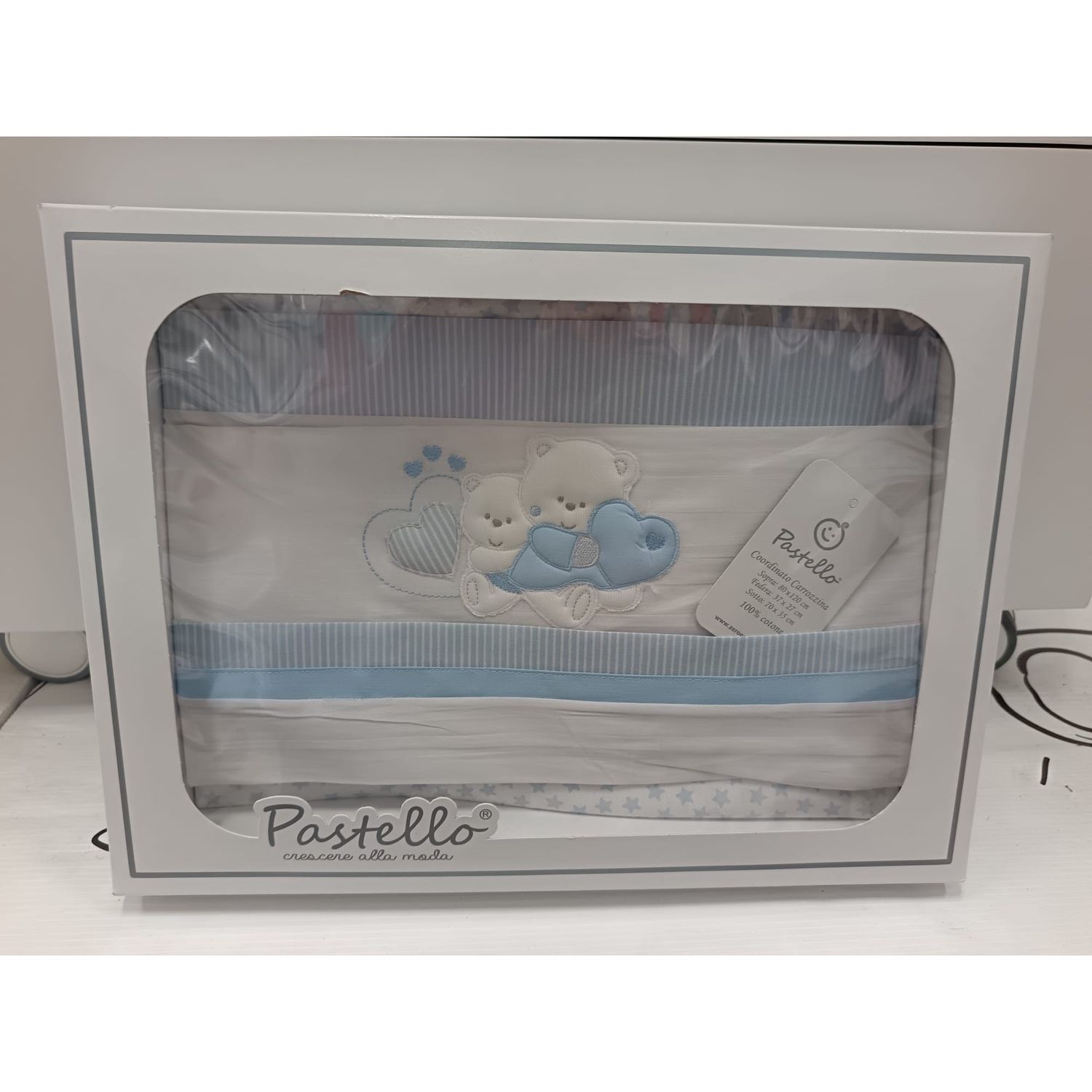 Coordinato carrozzina 100% cotone pastello – set lenzuolino ricamato con orsetti (azzurro) - Ellepi