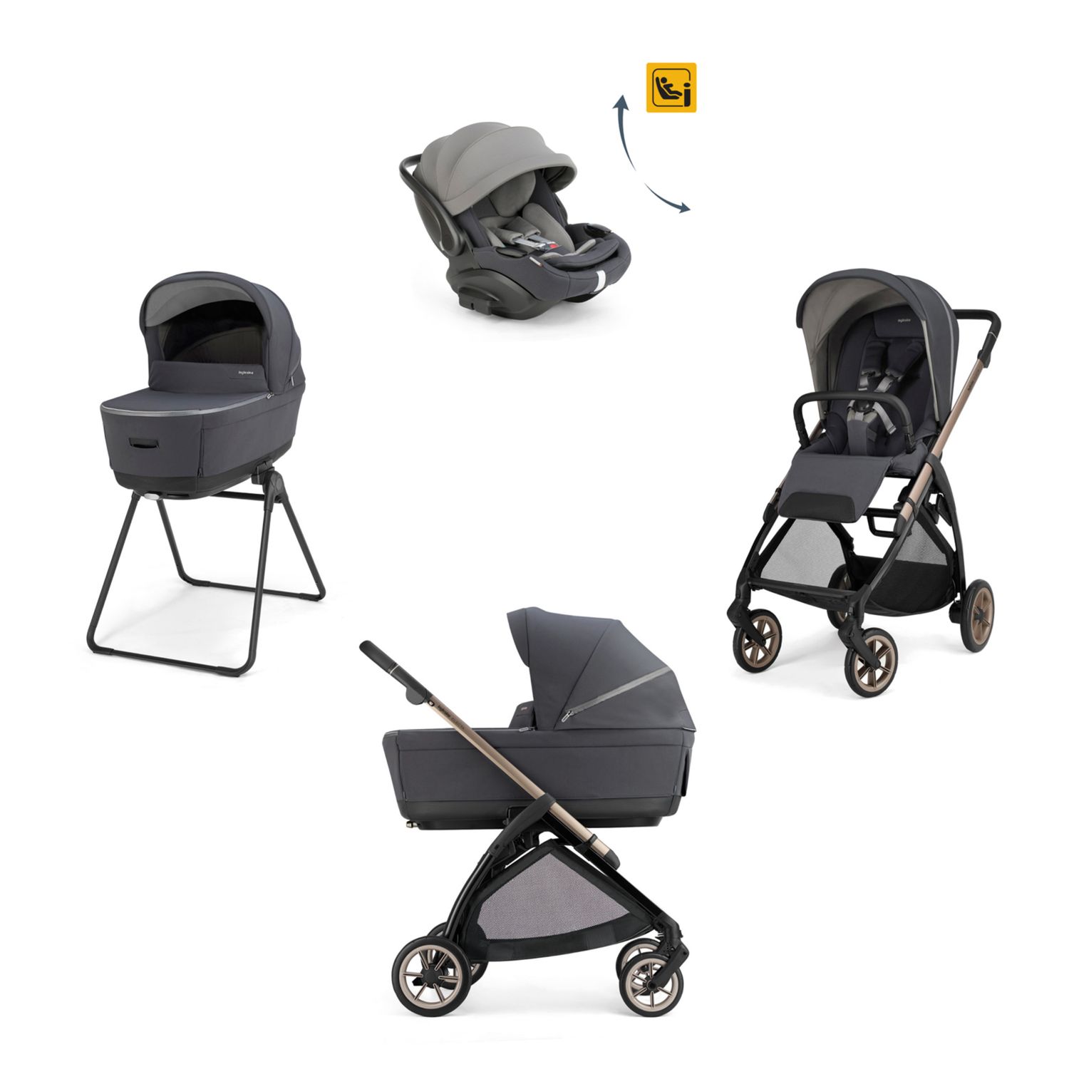 Electa system quattro - garage grey con telaio bronze e seggiolino auto darwin infant recline evo - inglesina