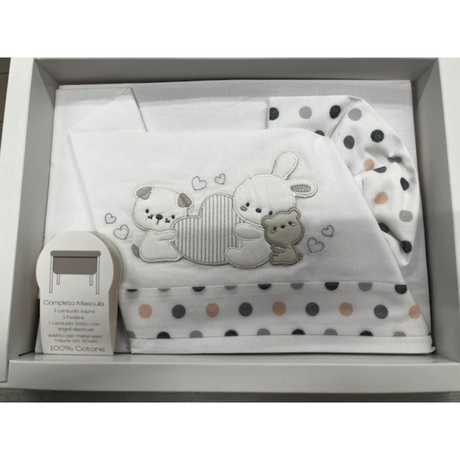 Completo maxiculla 100% cotone – set lenzuolino con ricamo tre animaletti e balza a pois (toni neutri) - Pastello