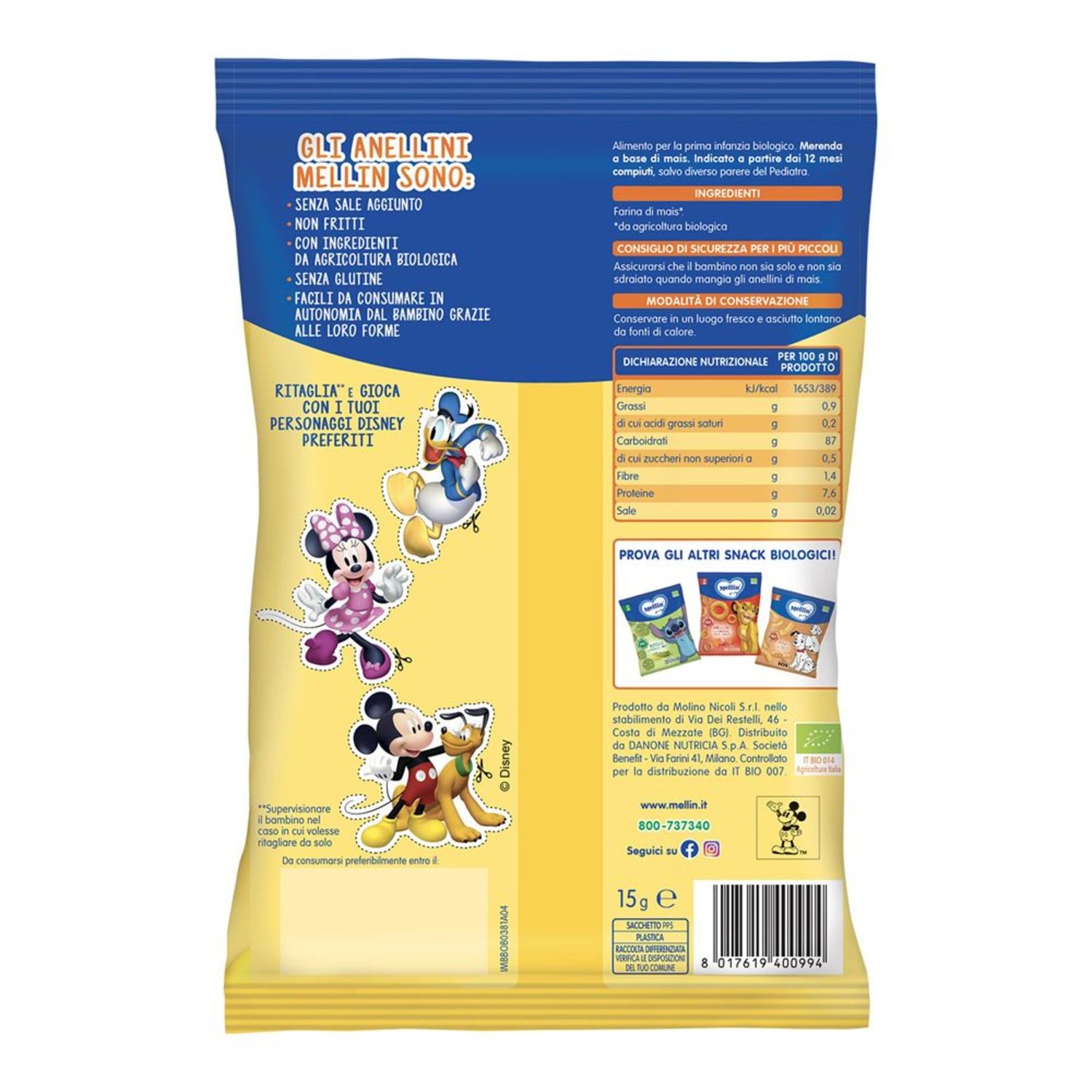 Snack bio anellini mais 15 g - mellin - Mellin