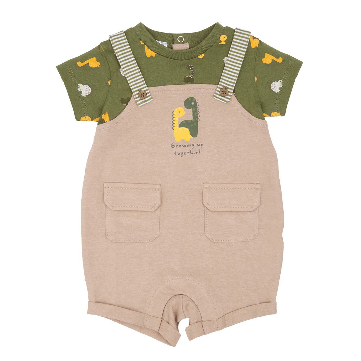 Tutina finta salopette con stampa dinosauri verde e beige - Mawi