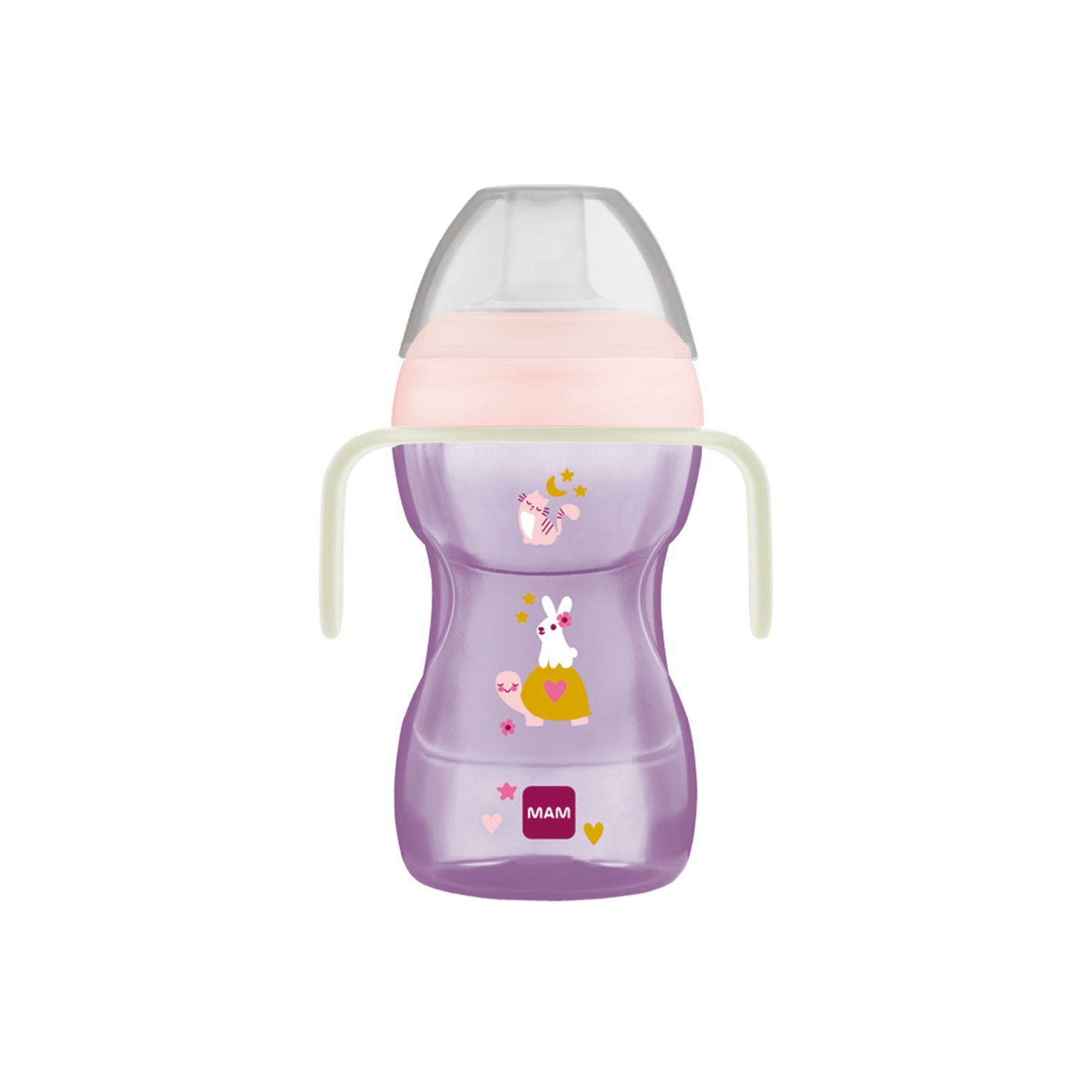 Mam fun to drink cup night tazza bambini 270 ml, manici che si illuminano al buio, beccuccio extra-morbido anti-goccia e valvola flusso libero, rosa - Mam