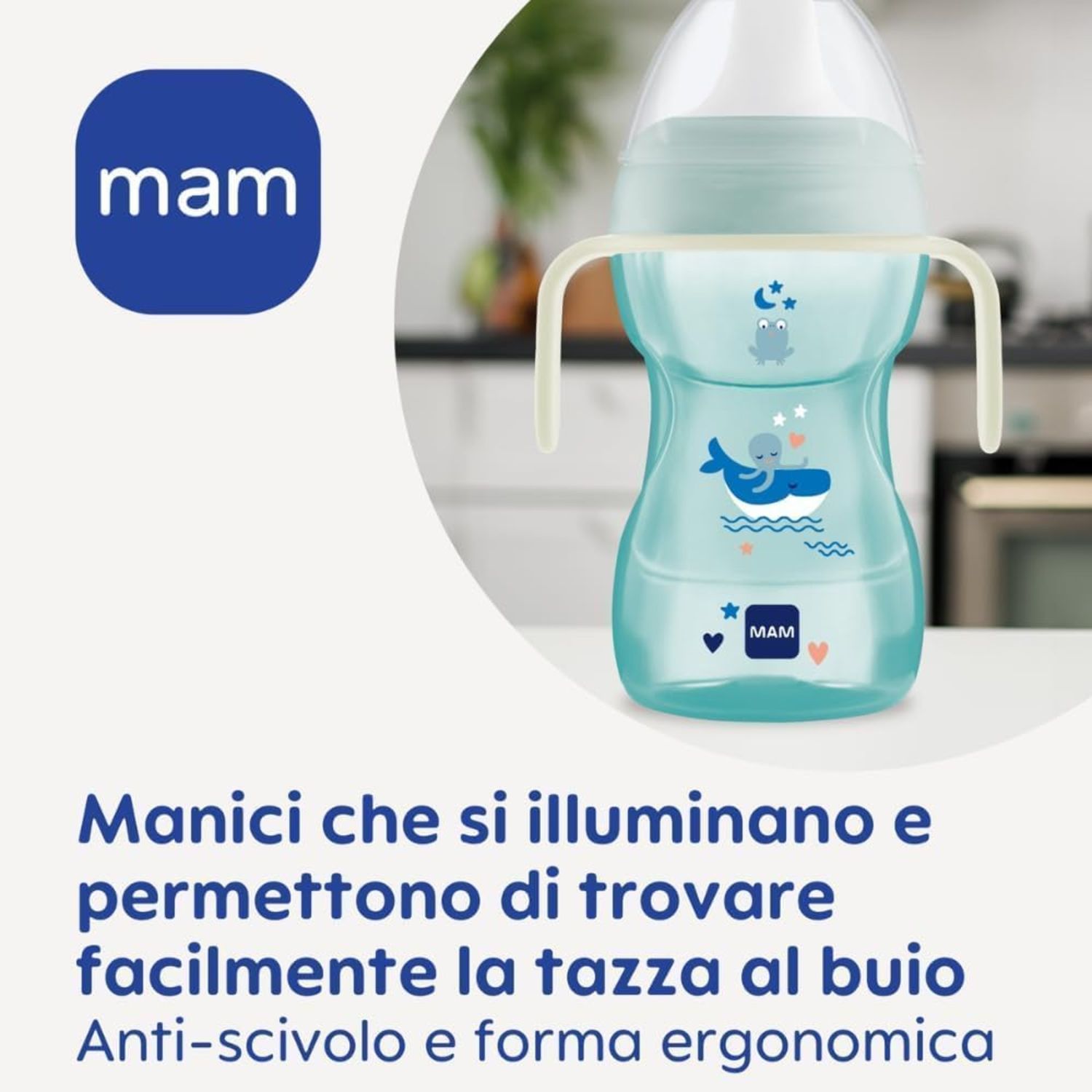 Mam fun to drink cup night tazza bambini 270 ml, manici che si illuminano al buio, beccuccio extra-morbido anti-goccia e valvola flusso libero, rosa - Mam