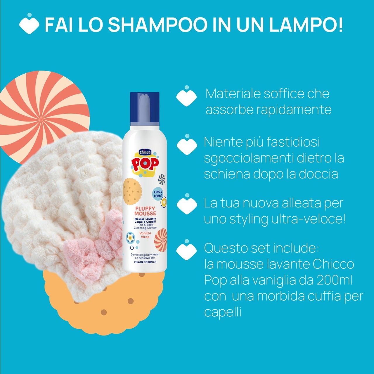 Mousse lavante corpo e capelli 200ml con cuffia whippy gift set - chicco - 