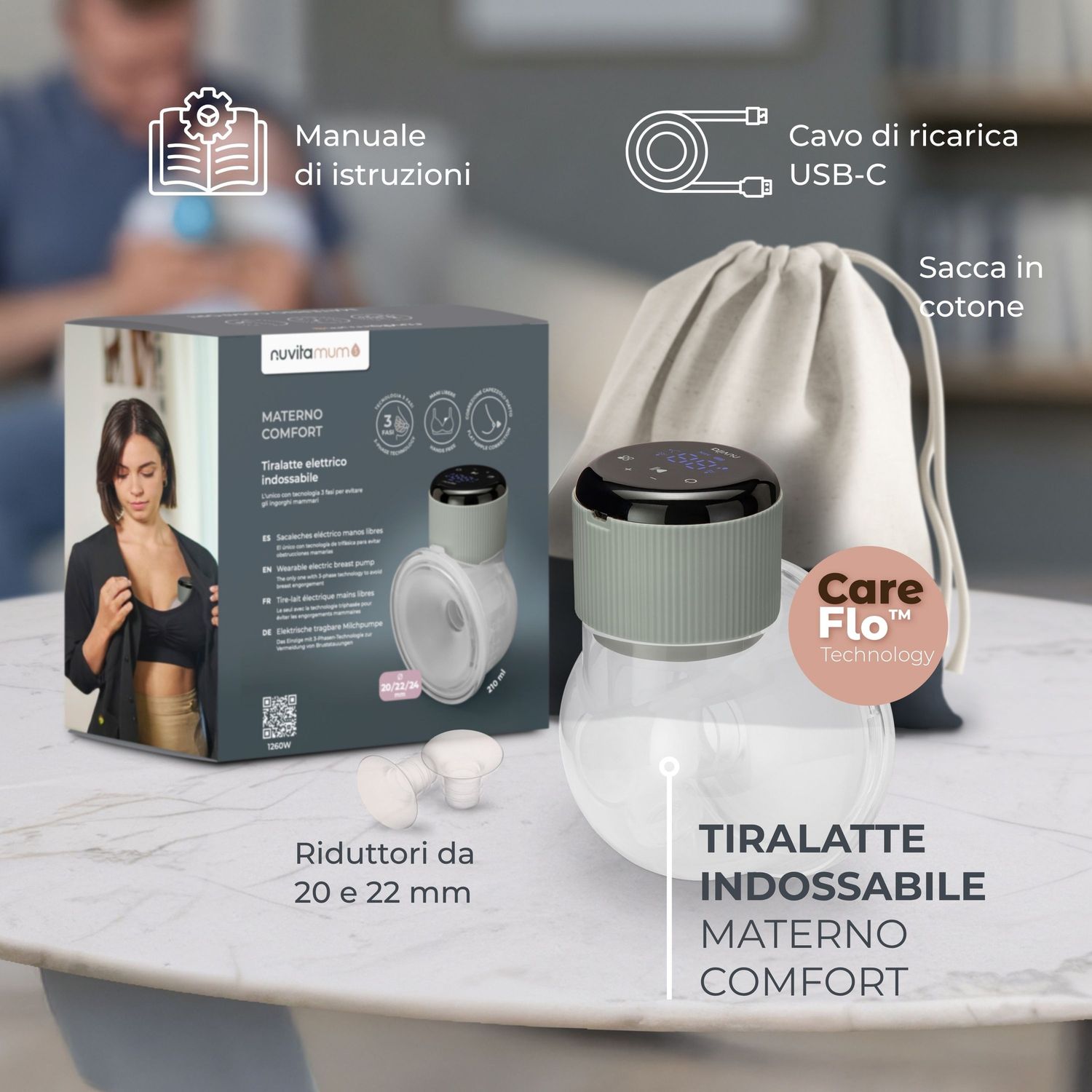 Tiralatte elettrico indossabile singolo materno comfort a 3 fasi - 1260w - nuvita - Nuvita