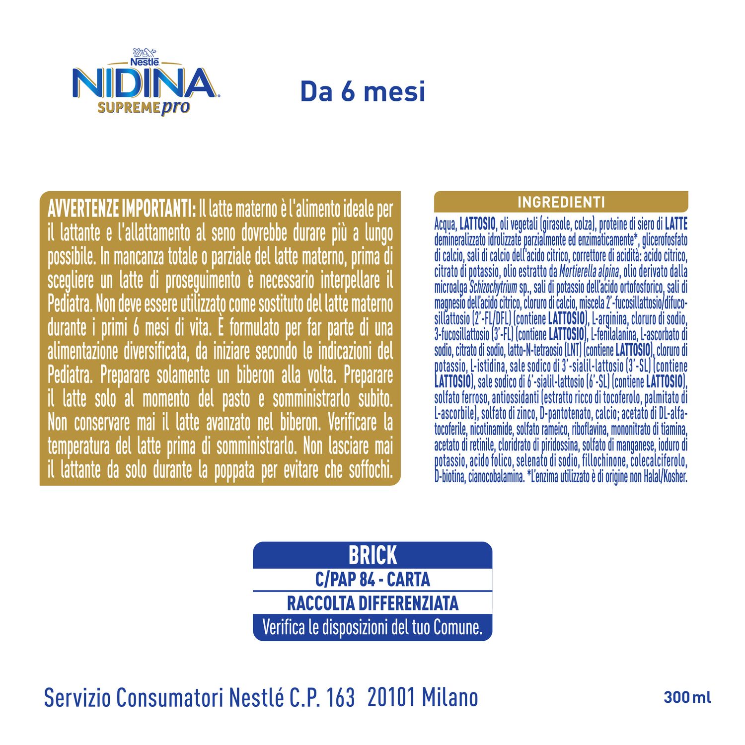 Nidina supremepro 2 latte di proseguimento liquido da 6 mesi brick da 300ml - nestle' - Nestle'