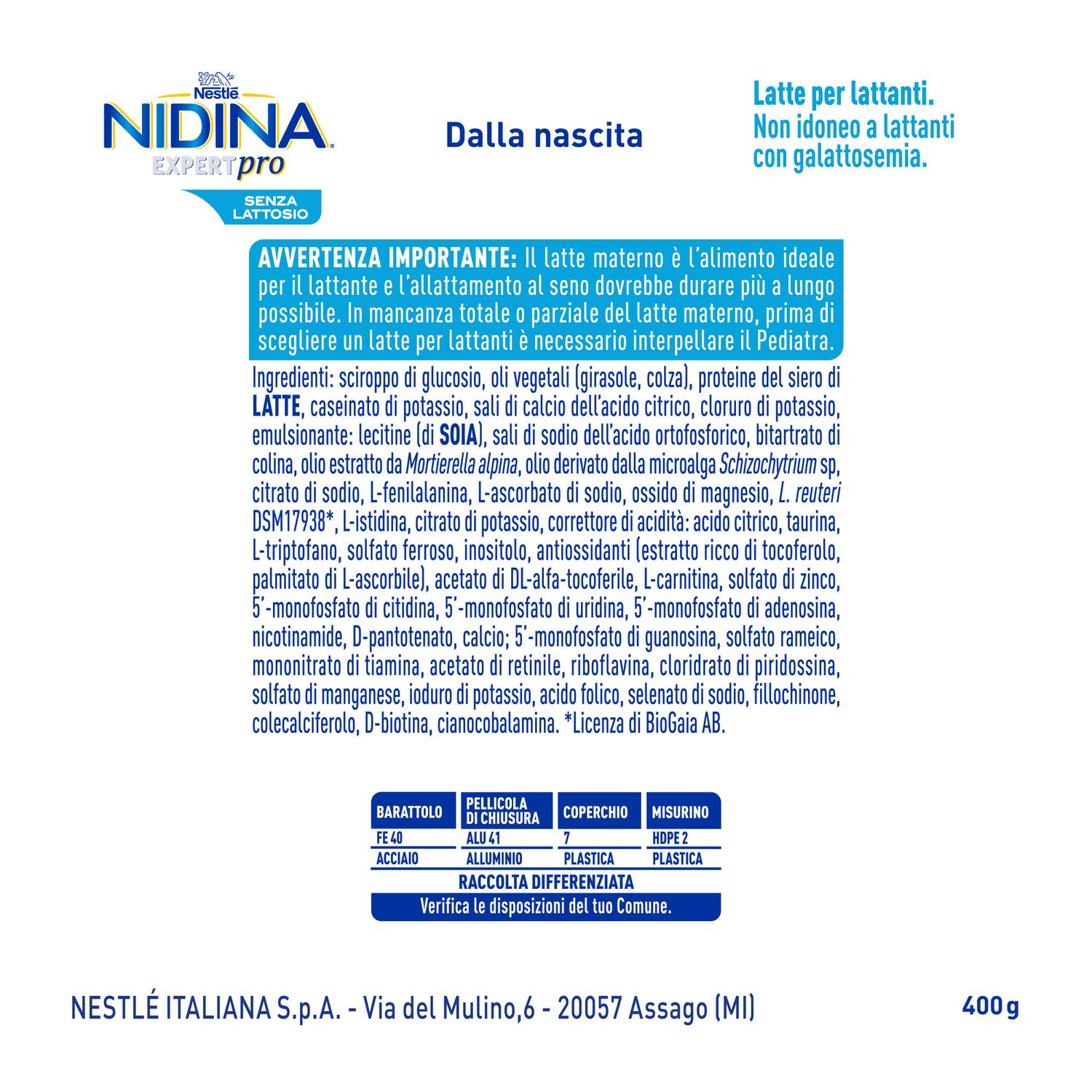 Nidina expertpro senza lattosio latte per lattanti in polvere, latta 400g - nestle' - Nestle'