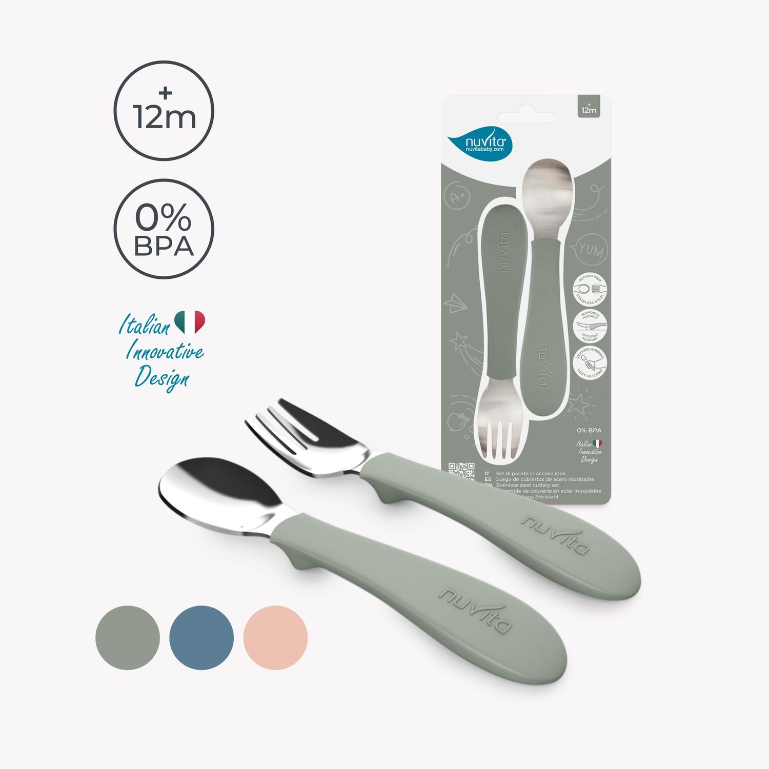Set posate in acciaio con impugnatura in silicone - 8472 / sage green - nuvita - Nuvita