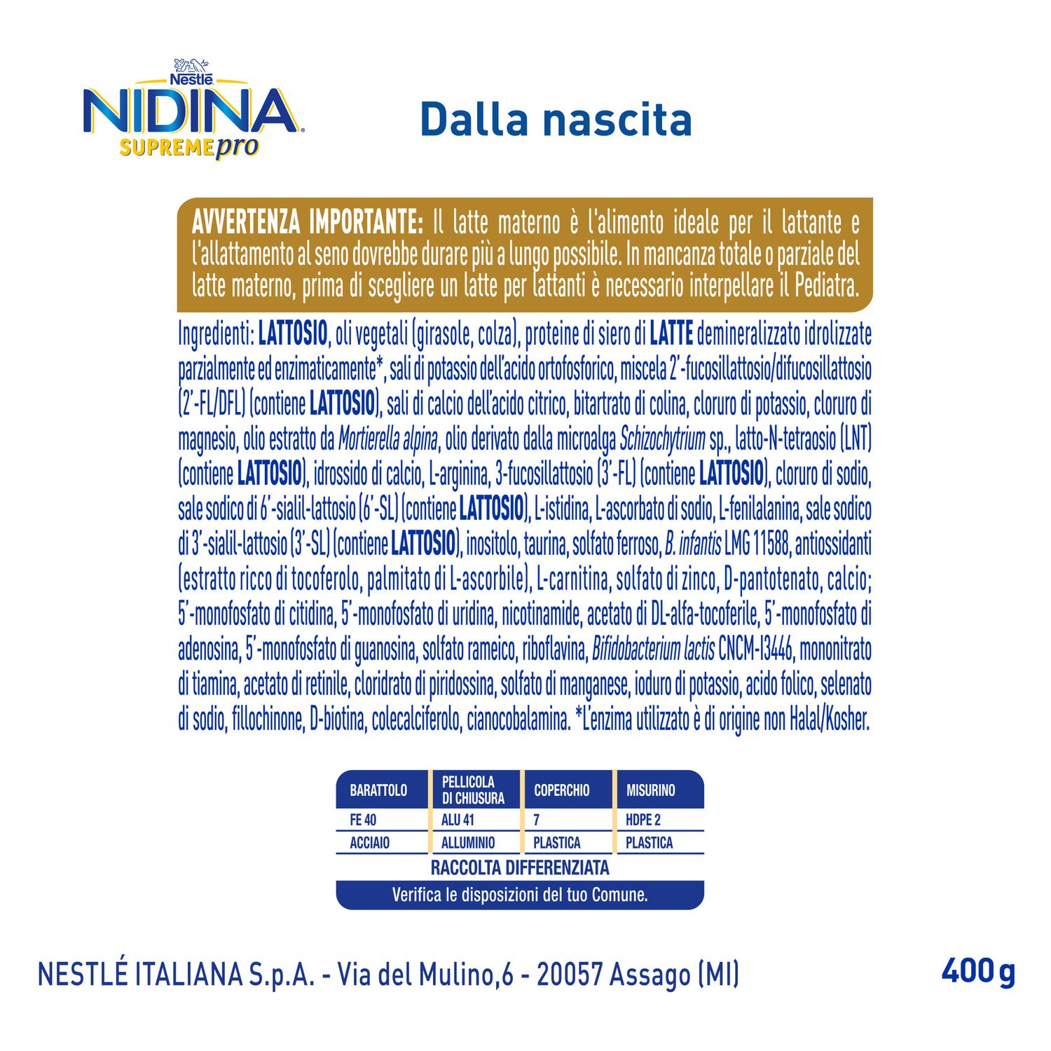 Nidina supremepro 1 latte per lattanti in polvere dalla nascita, latta 400g - nestle' - Nestle'