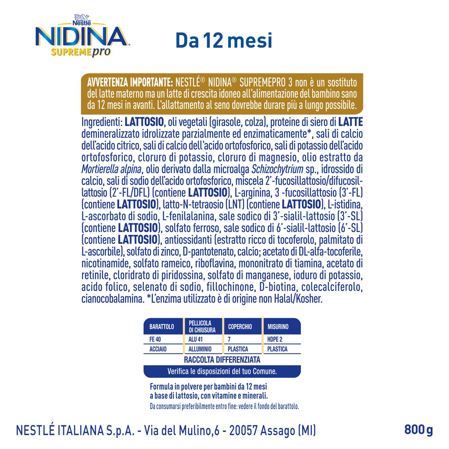 Nidina supremepro 3 latte di crescita polvere da 12 mesi, latta 800g - nestle' - Nestle'